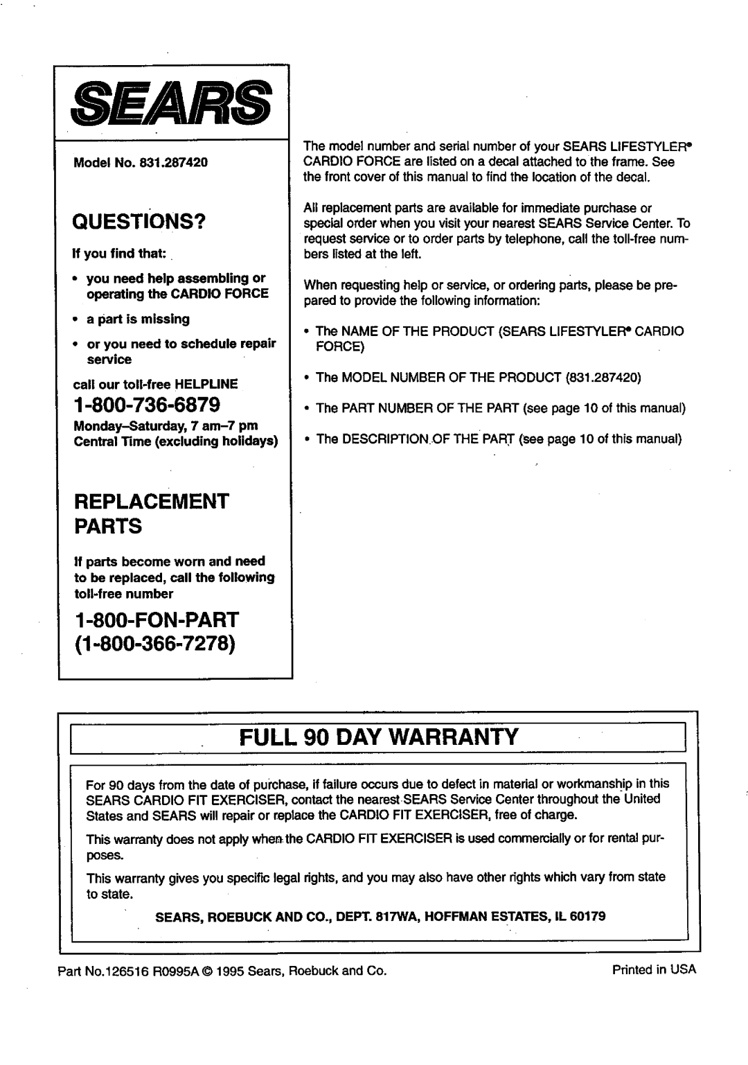 Sears 831.28742 user manual Full 90 DAY Warranty, Force, SEARS, Roebuck and CO., Dept PNA, Hoffman ESTATES, IL 