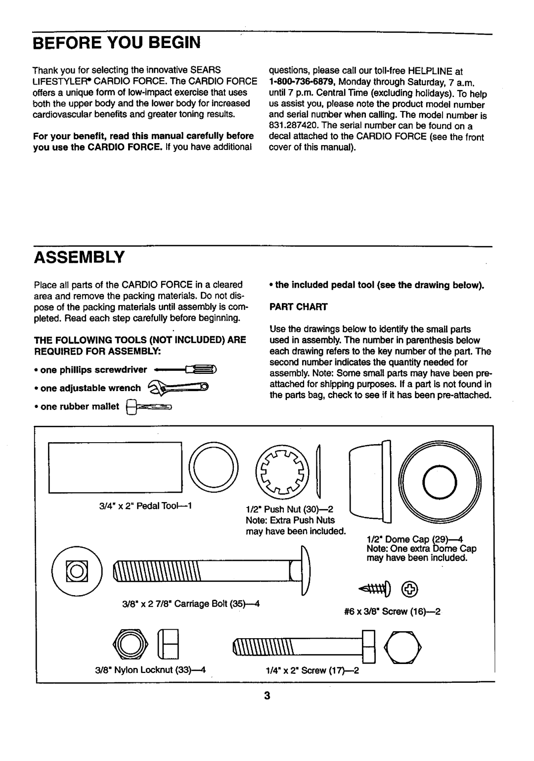 Sears 831.28742 user manual Before YOU Begin, Following Tools not Included are Required for Assembly, Part Chart 