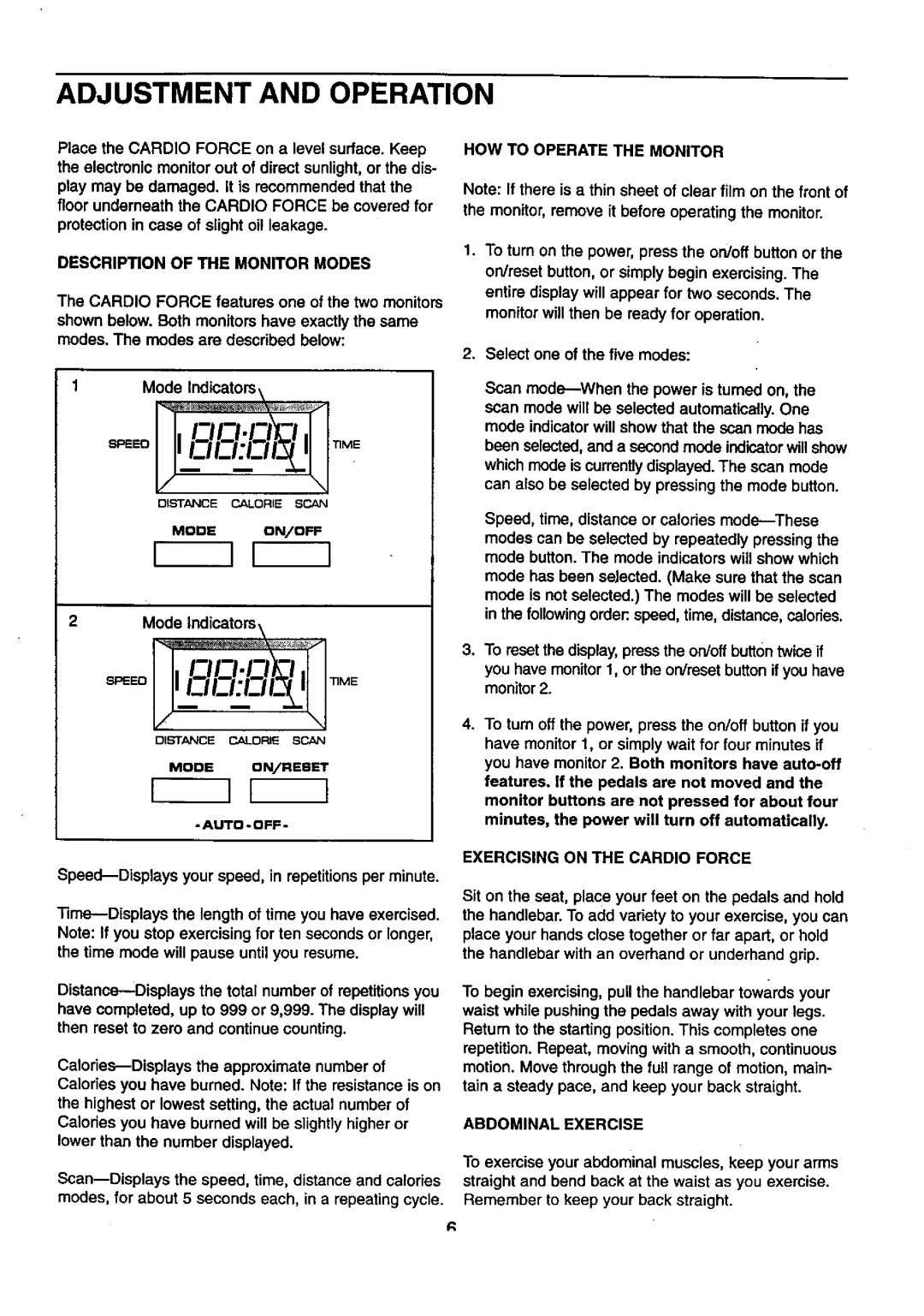 Sears 831.28742 Adjustment and Operation, Description of the Monitor Modes, HOW to Operate the Monitor, Abdominal Exercise 