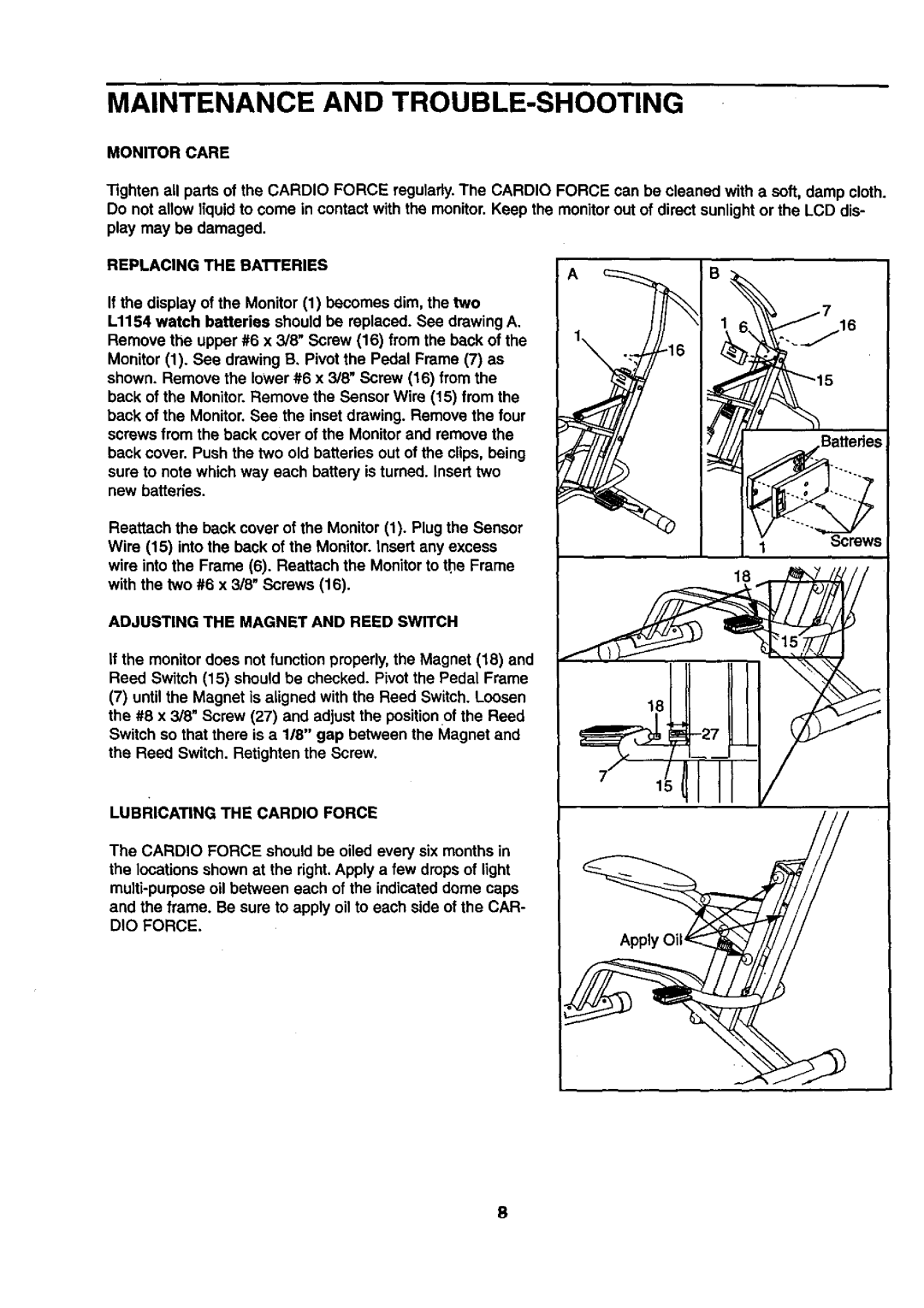 Sears 831.28742 user manual Maintenance and TROUBLE-SHOOTING, Monitor Care, Adjusting the Magnet and Reed Switch, DIO Force 