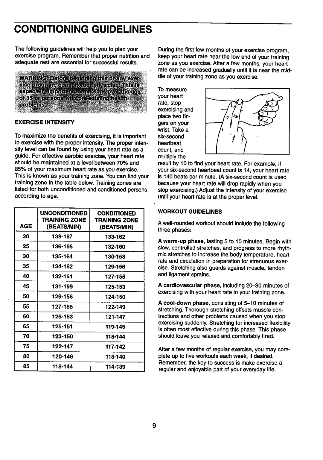 Sears 831.28742 user manual Exercise Intensity, Unconditioned Conditioned Training Zone AGE BEATS/MIN, Workout Guidelines 