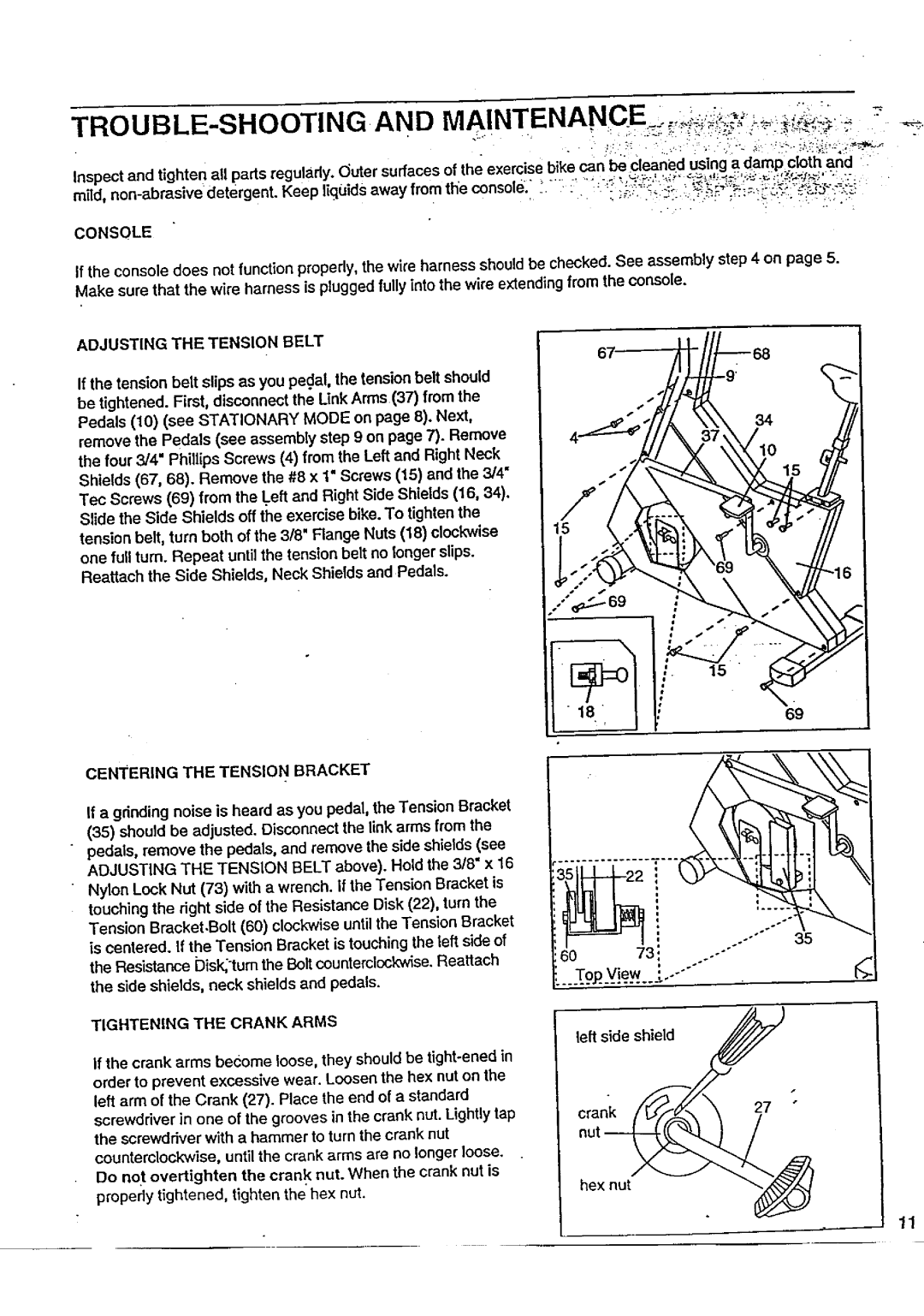 Sears 831.287602 owner manual Adjusting the Tension Belt, Centering the Tension Bracket, Tightening the Crank Arms 