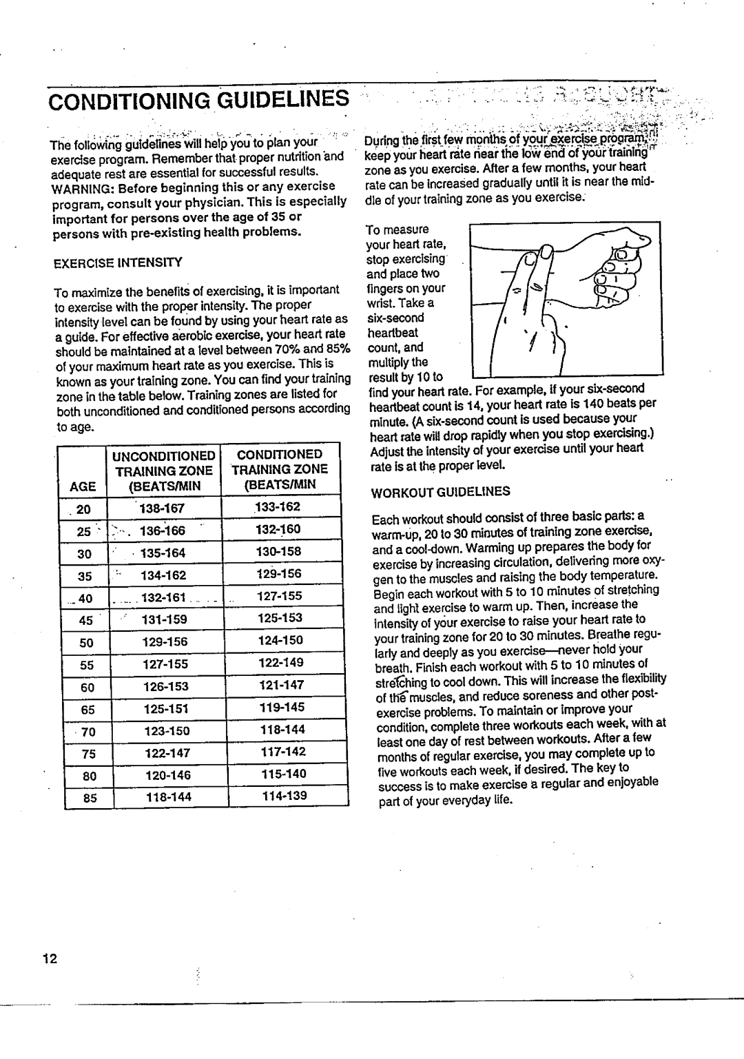 Sears 831.287602 owner manual Exercise Intensity, Unconditioned Conditioned Training Zone AGE BEATS/MIN, Workout Guidelines 