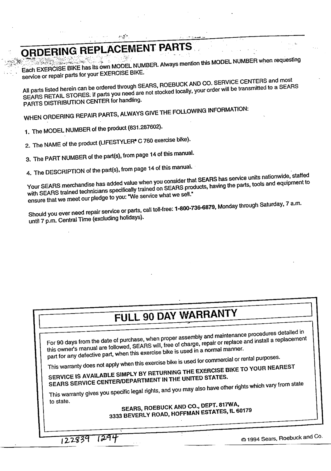 Sears 831.287602 owner manual Ordering Replacement Parts, Full 90 DAY Warranty 