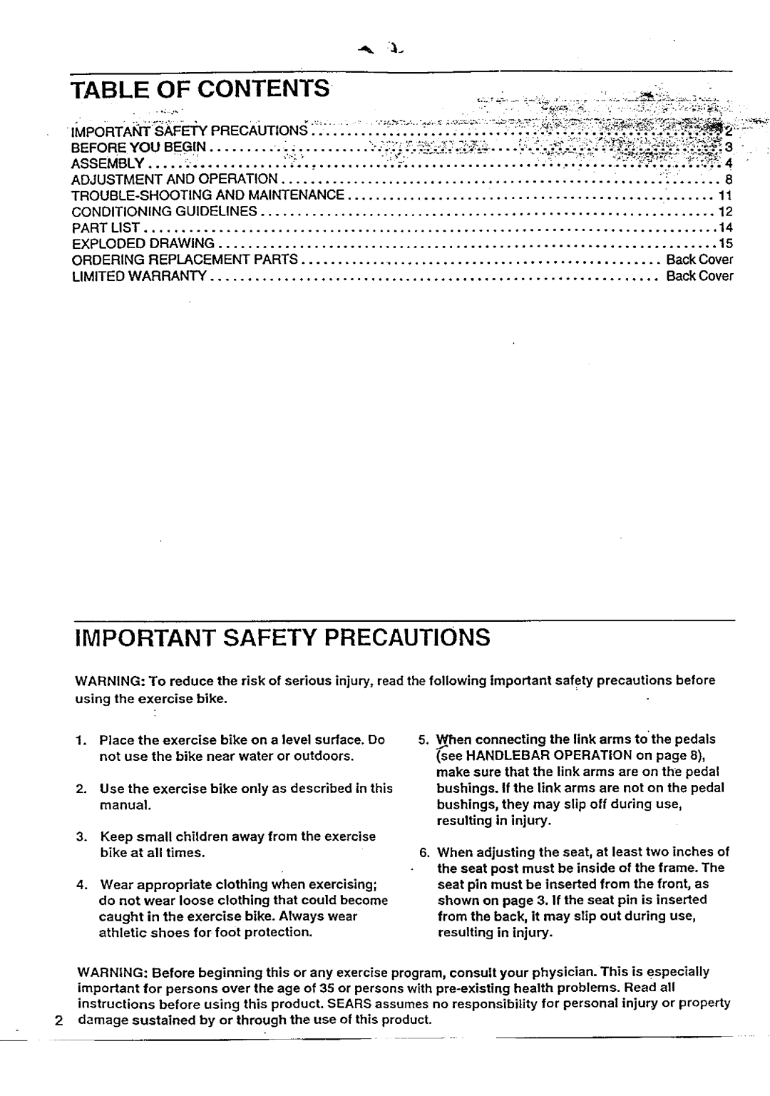 Sears 831.287602 owner manual Contents, Important Safety Precautions 