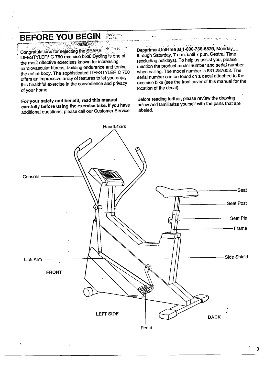 Sears 831.287602 owner manual Before YOU, Front Left Side Back 