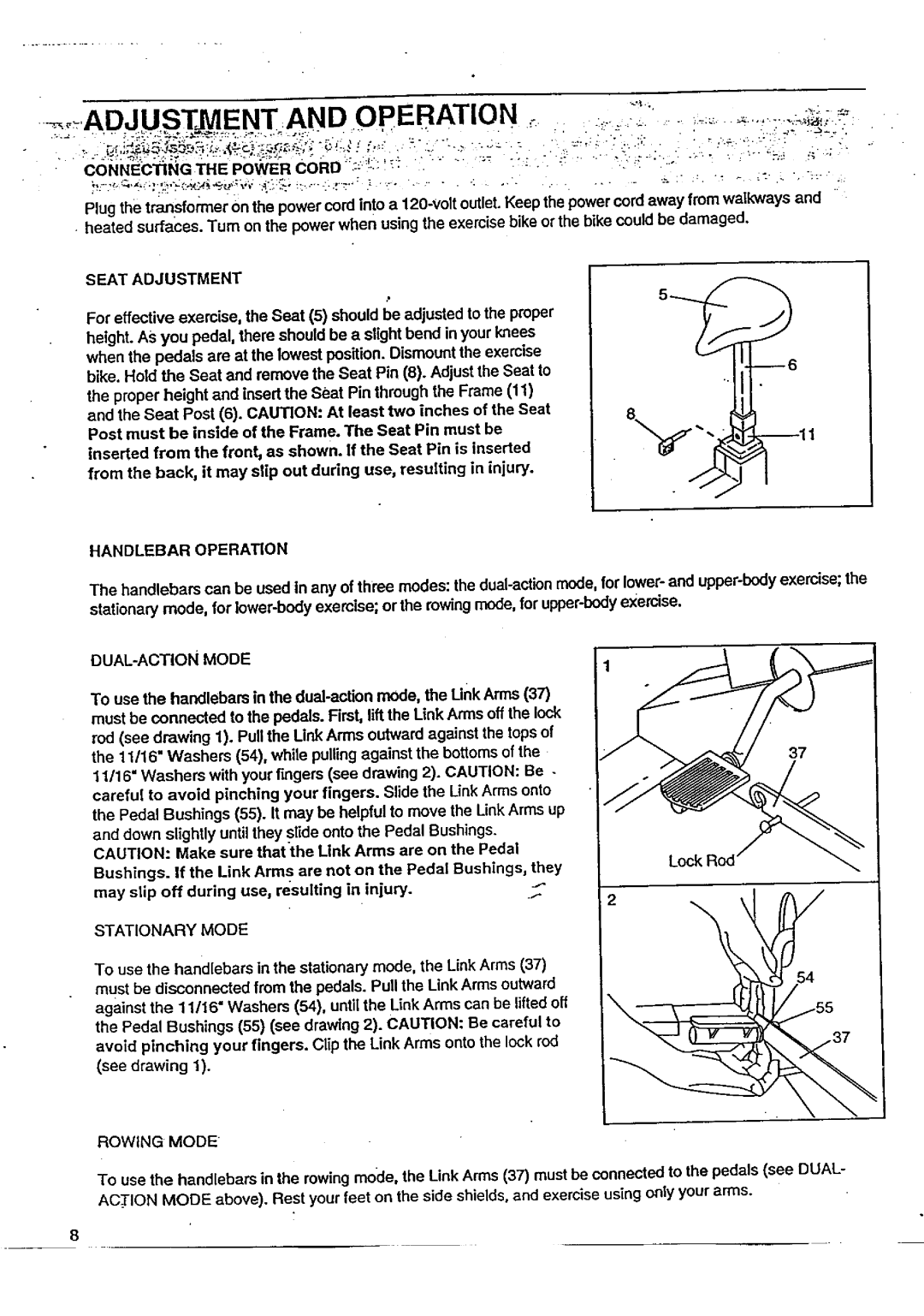 Sears 831.287602 owner manual Adjusf ENT and Operation, Seat Adjustment, Handlebar Operation, DUAL-ACTION Mode 