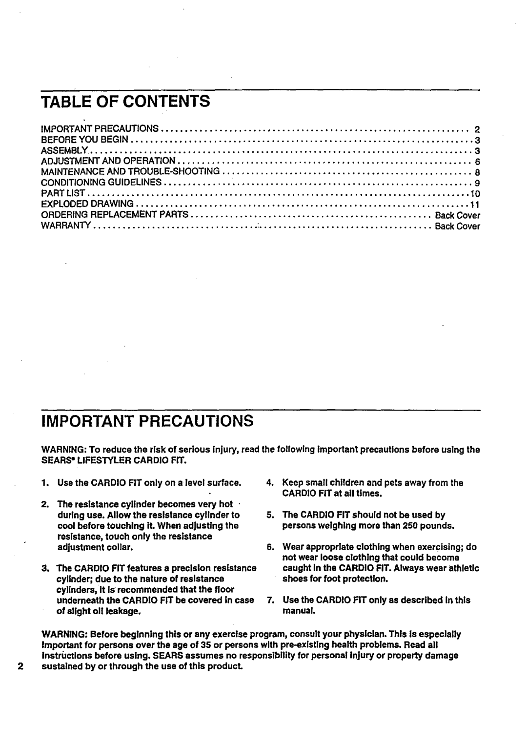 Sears 831.287627 user manual Table of Contents, Important Precautions 