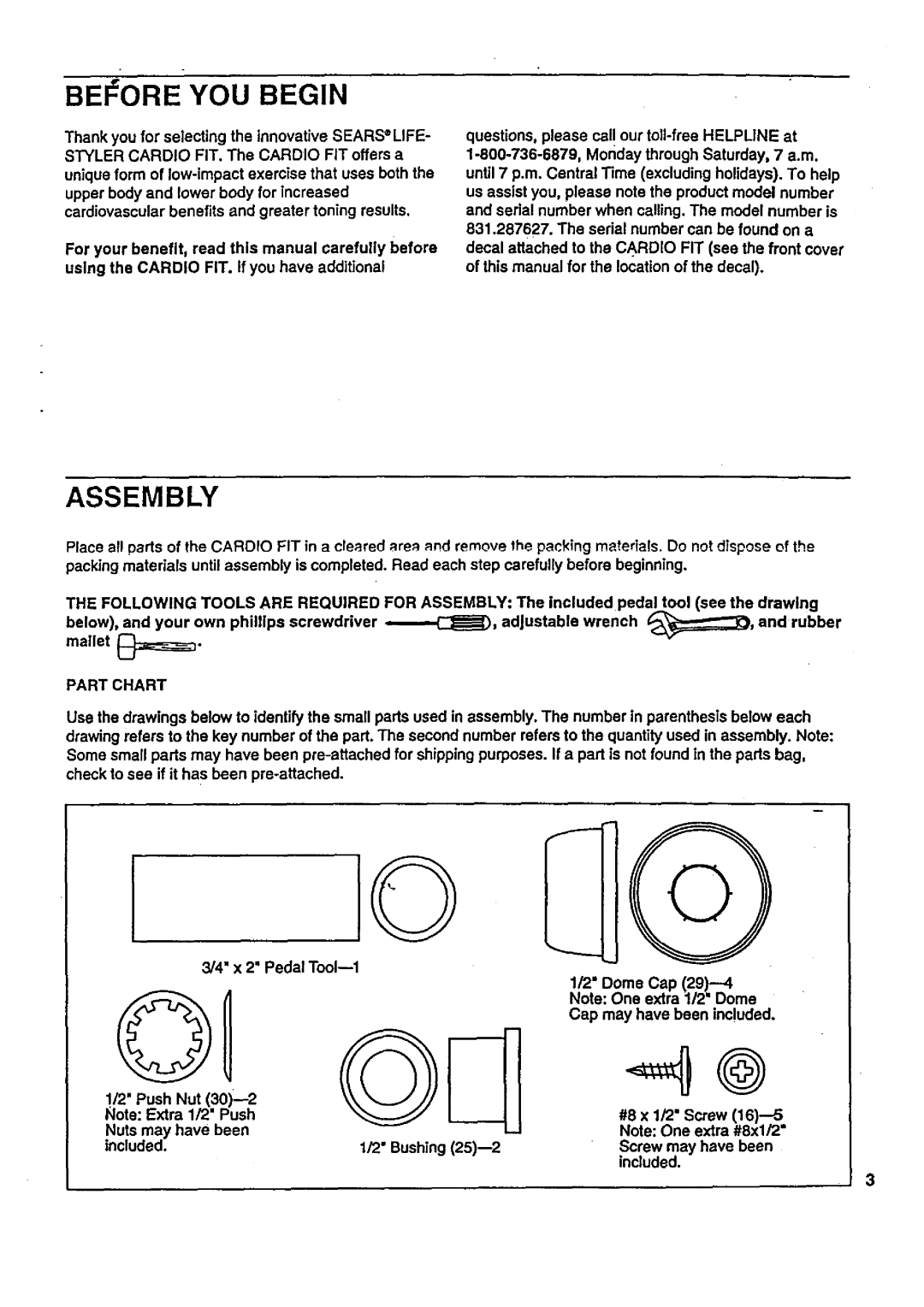 Sears 831.287627 user manual BEFORE- YOU Begin, Following Tools are Required For Assembly, Part Chart 