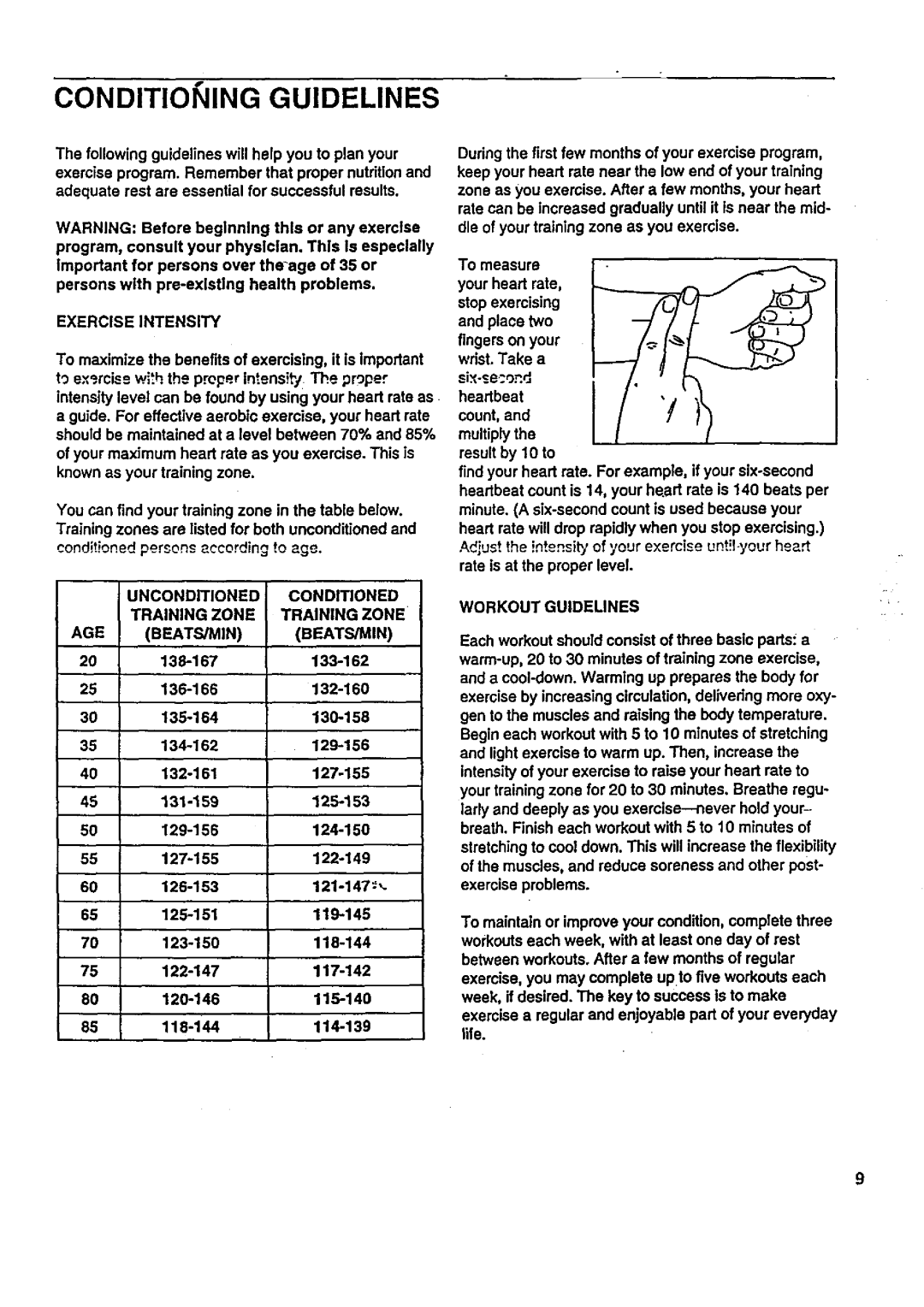 Sears 831.287627 Conditioning Guidelines, Exercise Intensity, Unconditioned Conditioned Training Zone AGE BEATS/MIN 