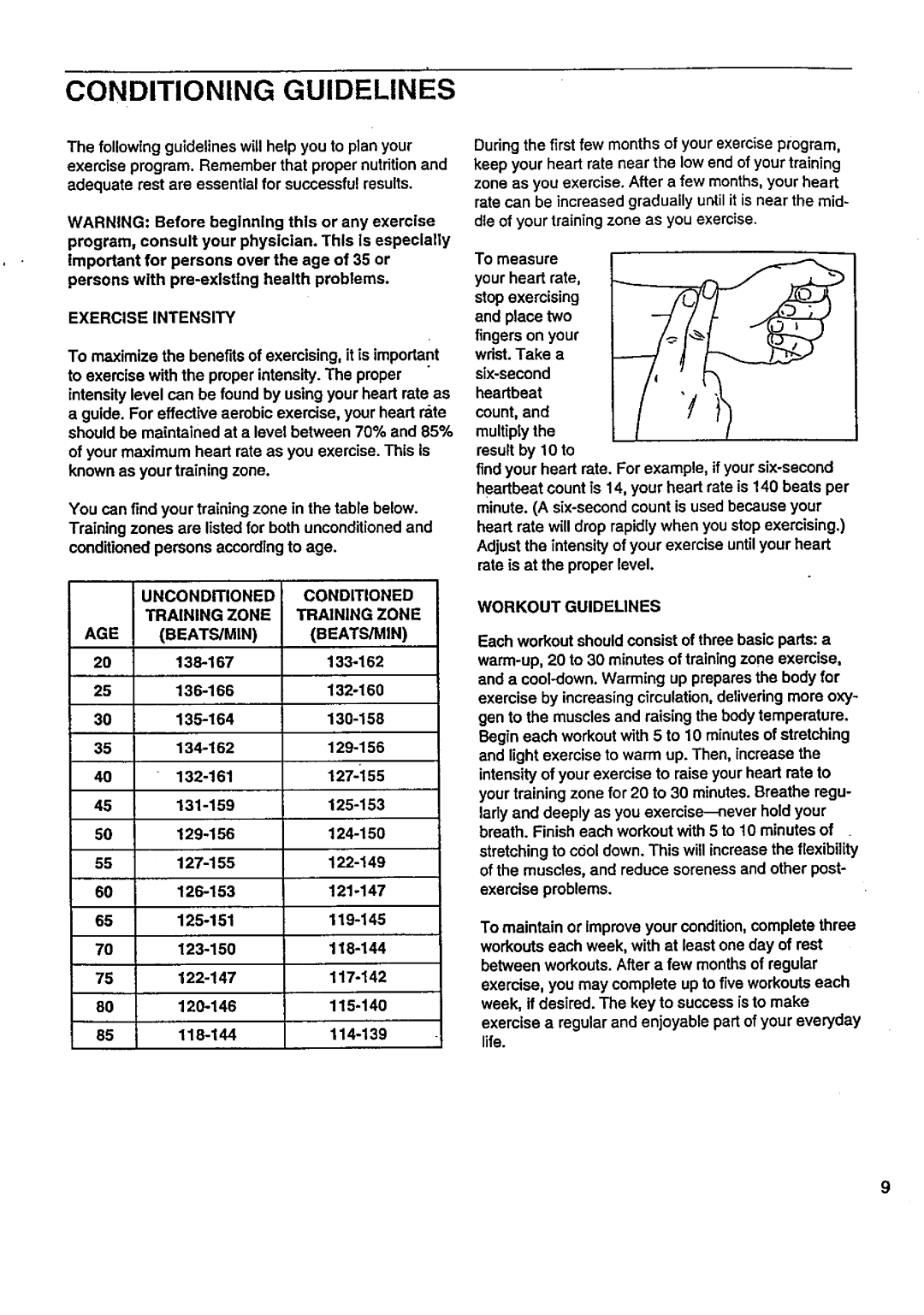 Sears 831.287628 Conditioning Guidelines, Exerciseintensity, Unconditioned Conditioned Training Zone AGE BEATS/MIN 