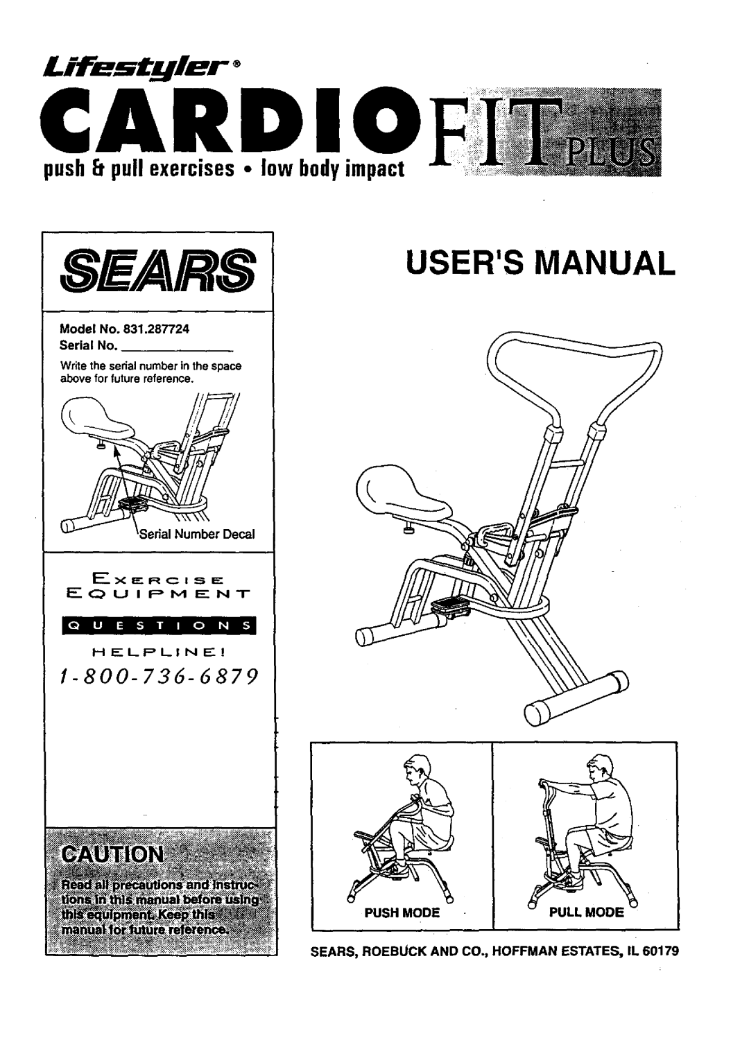 Sears 831.287724 user manual Cardio, SEARS, Roebuck and CO., Hoffman ESTATES, IL 