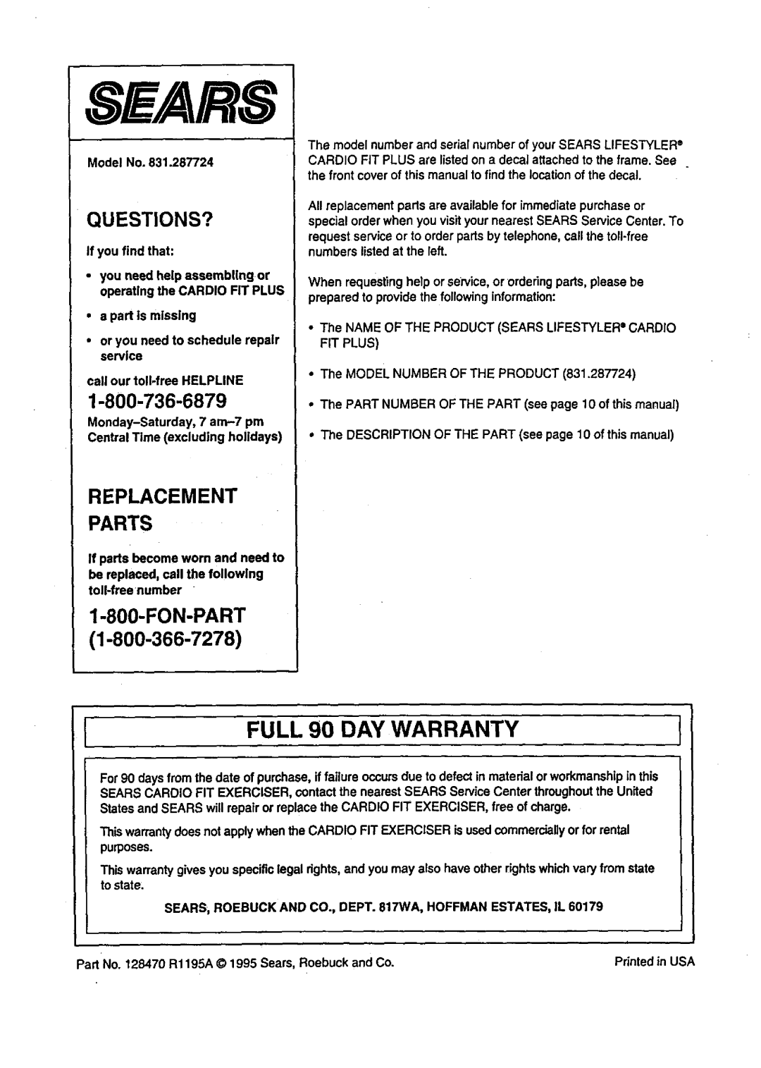 Sears 831.287724 user manual Full 90 DAY Warranty, FIT Plus 