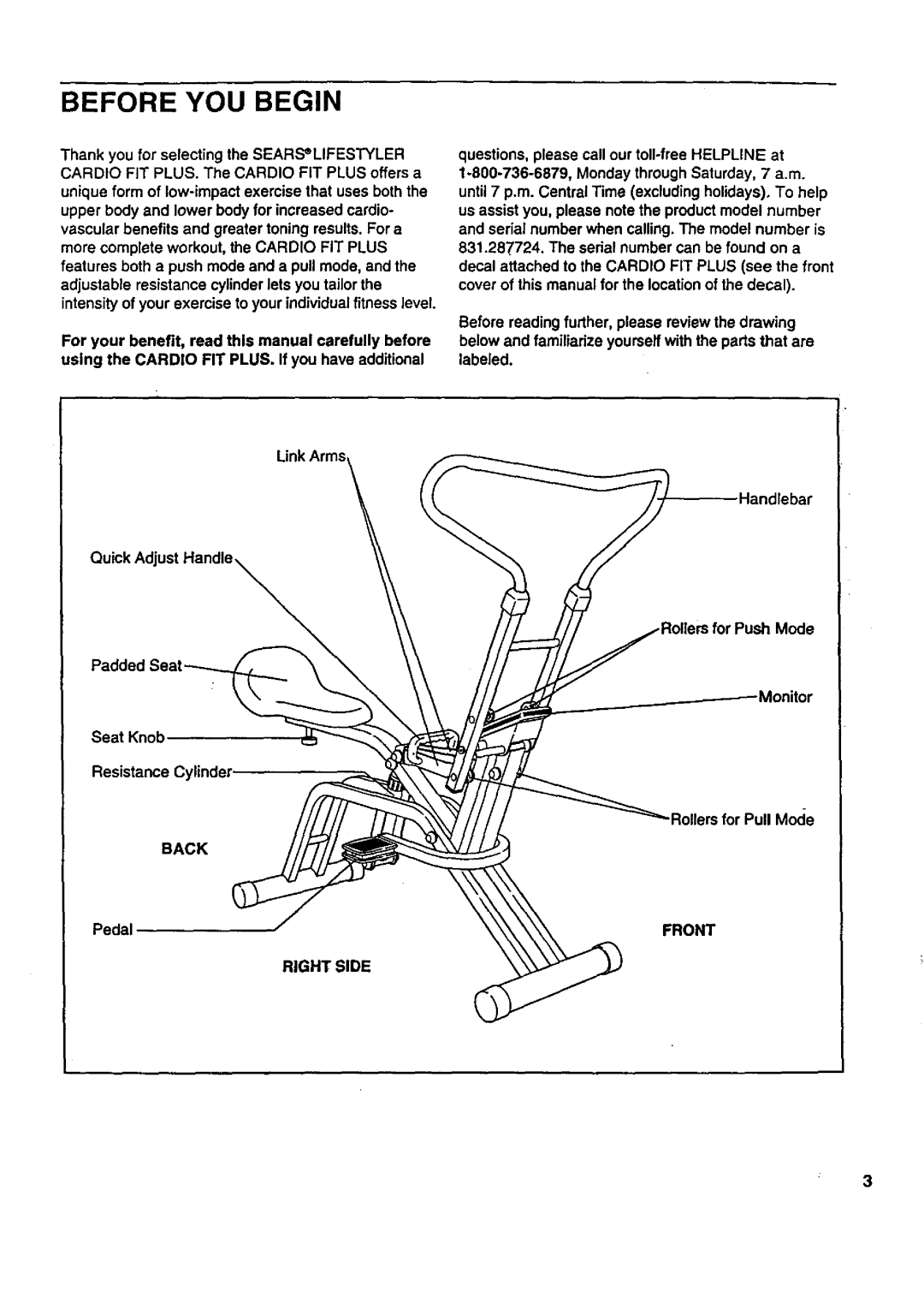 Sears 831.287724 user manual Before YOU Begin, Back, Right Side, Front 