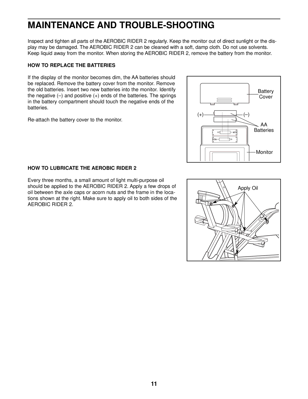 Sears 831.287941 Maintenance and TROUBLE-SHOOTING, HOW to Replace the Batteries, HOW to Lubricate the Aerobic Rider 