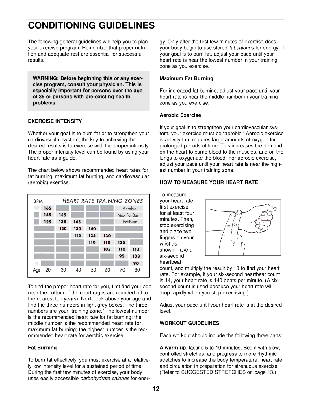 Sears 831.287941 Conditioning Guidelines, Exercise Intensity, HOW to Measure Your Heart Rate, Workout Guidelines 