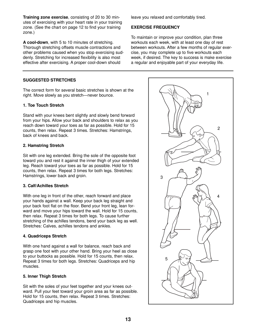 Sears 831.287941 user manual Exercise Frequency, Suggested Stretches 