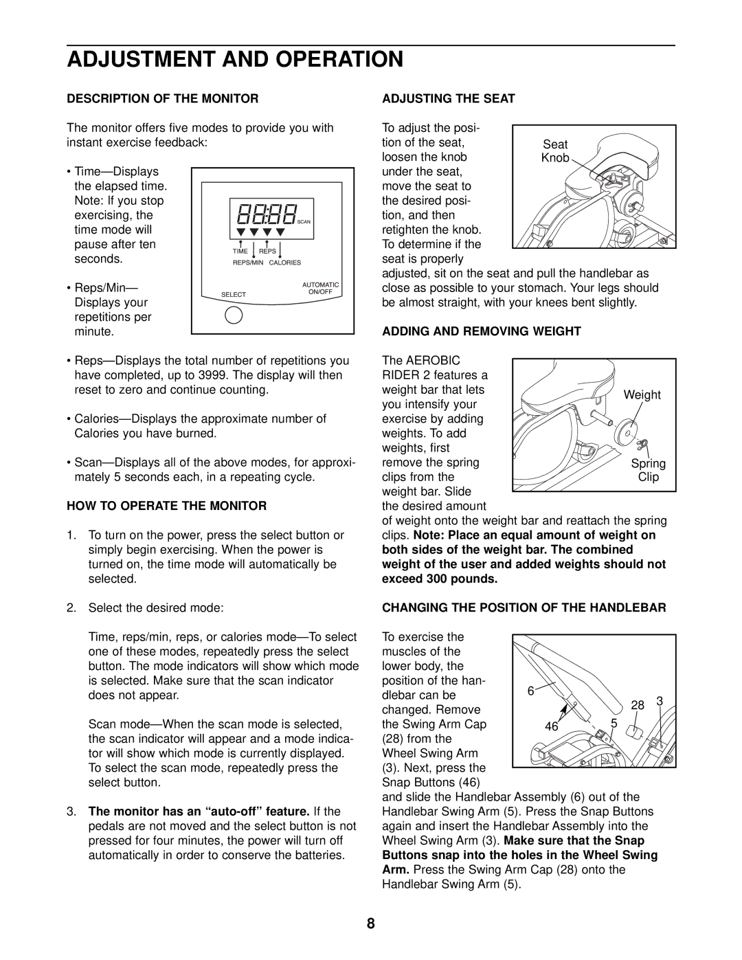 Sears 831.287941 user manual Adjustment and Operation 