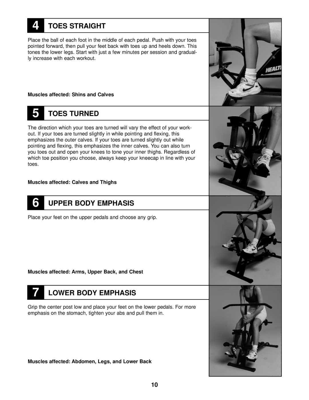 Sears 831.287943 user manual Muscles affected Shins and Calves, Muscles affected Calves and Thighs 