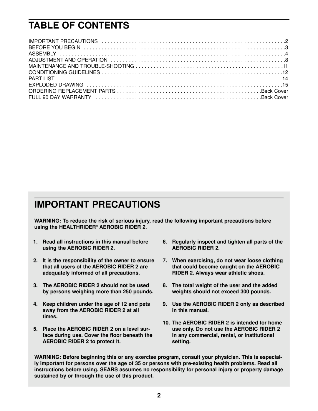 Sears 831.287943 user manual Table of Contents, Important Precautions 