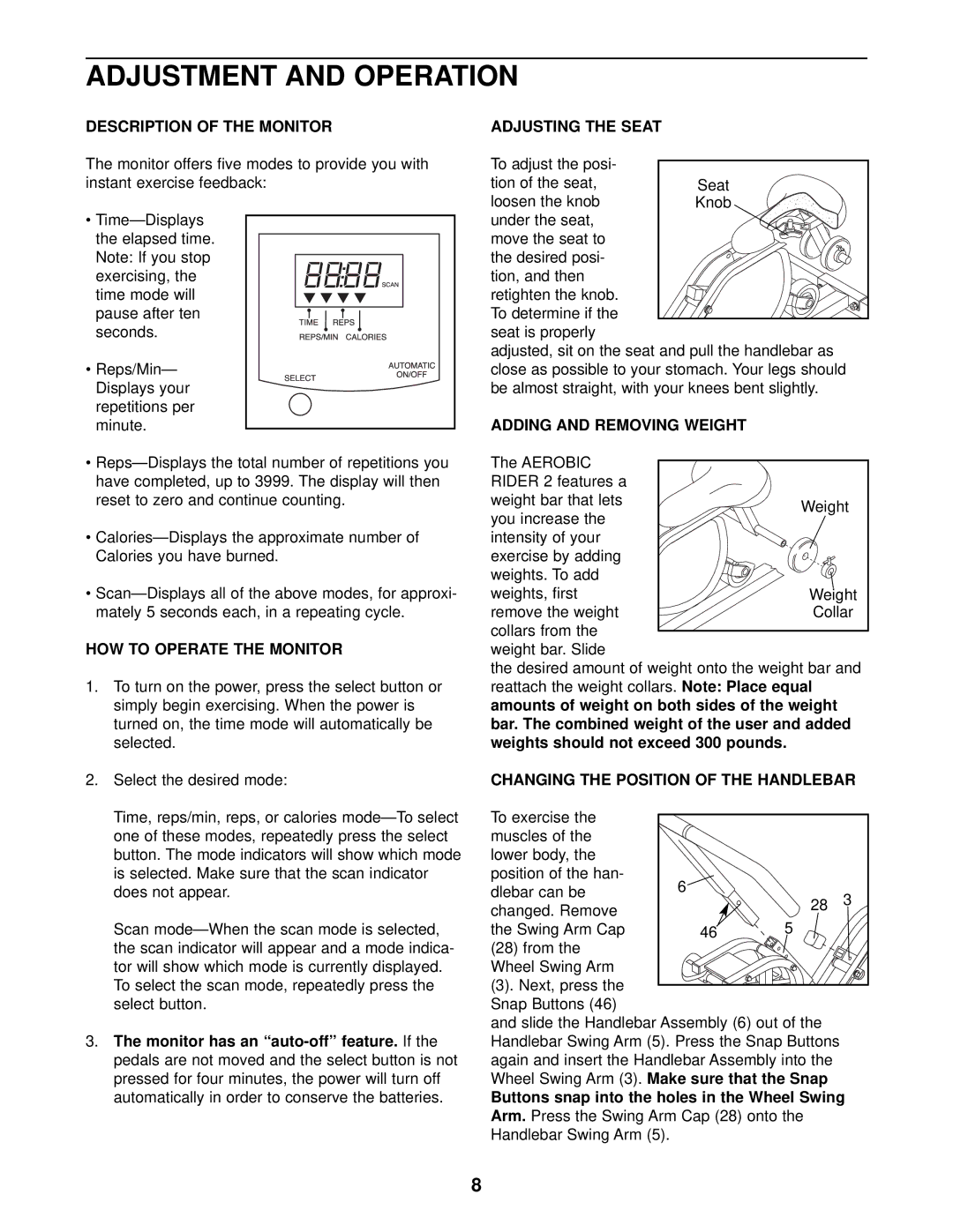 Sears 831.287943 user manual Adjustment and Operation 