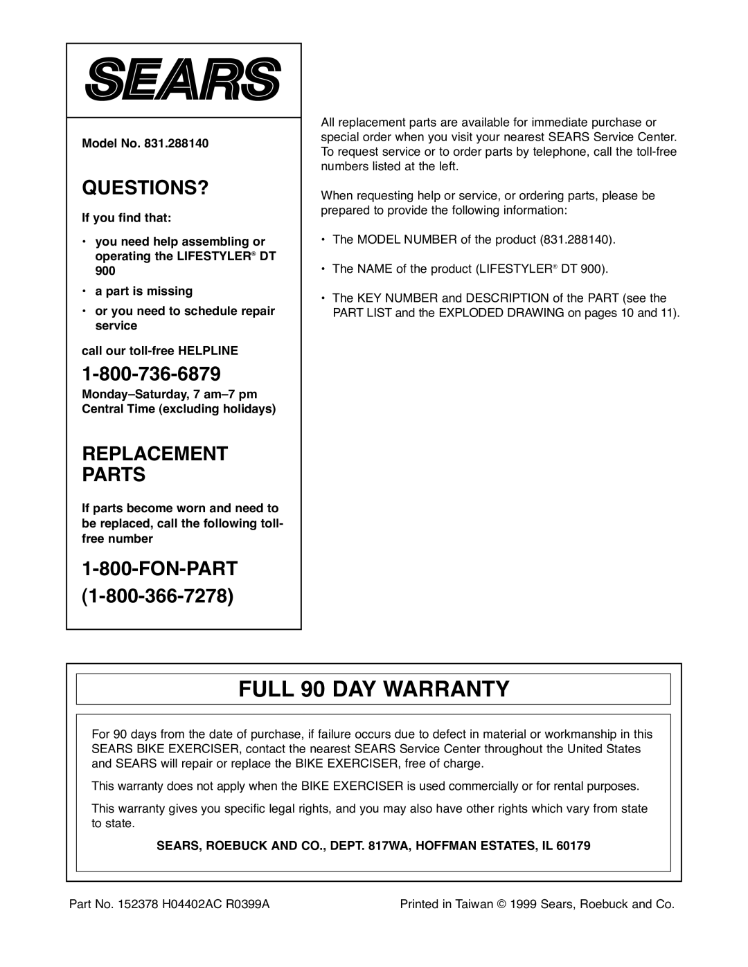 Sears 831.288140 manual Full 90 DAY Warranty, Model No, SEARS, Roebuck and CO., Dept WA, Hoffman ESTATES, IL 