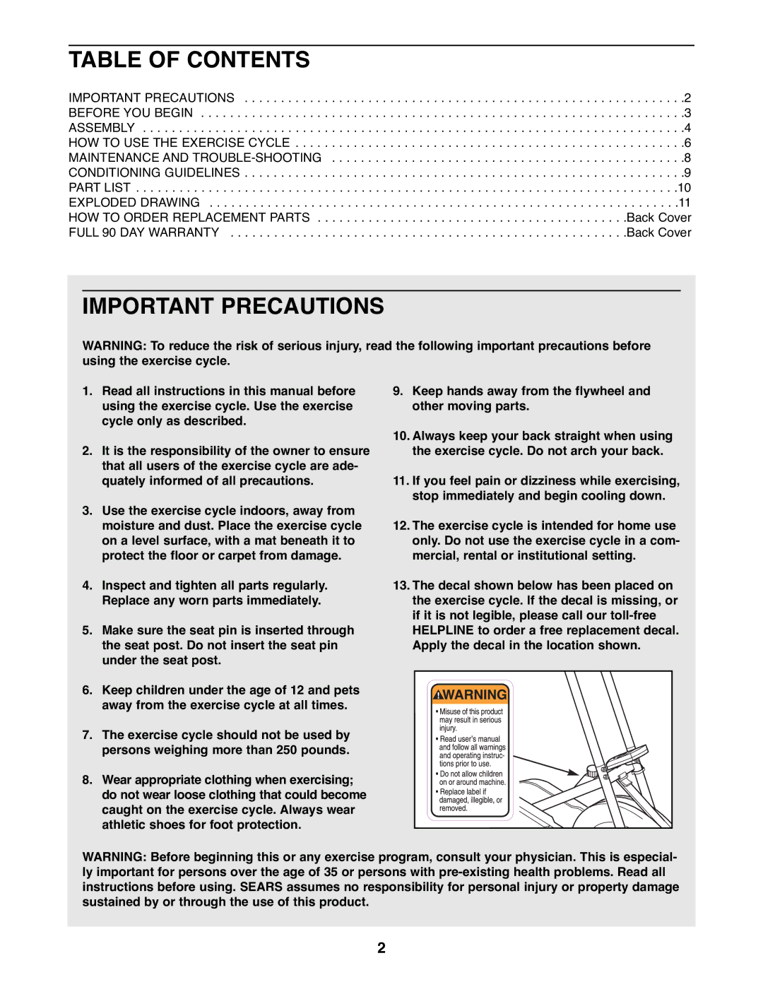 Sears 831.288140 manual Table of Contents, Important Precautions 