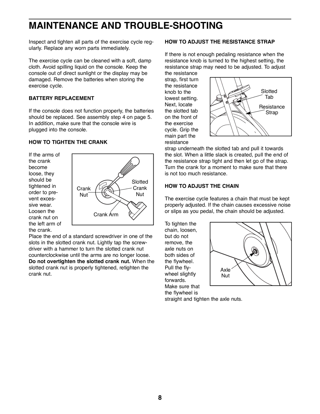 Sears 831.288140 Maintenance and TROUBLE-SHOOTING, Battery Replacement, HOW to Tighten the Crank, HOW to Adjust the Chain 