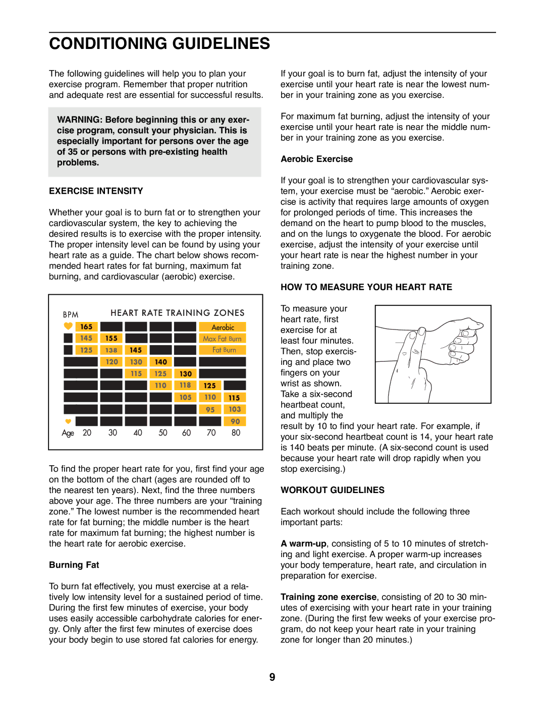 Sears 831.288140 manual Conditioning Guidelines, Exercise Intensity, HOW to Measure Your Heart Rate, Workout Guidelines 