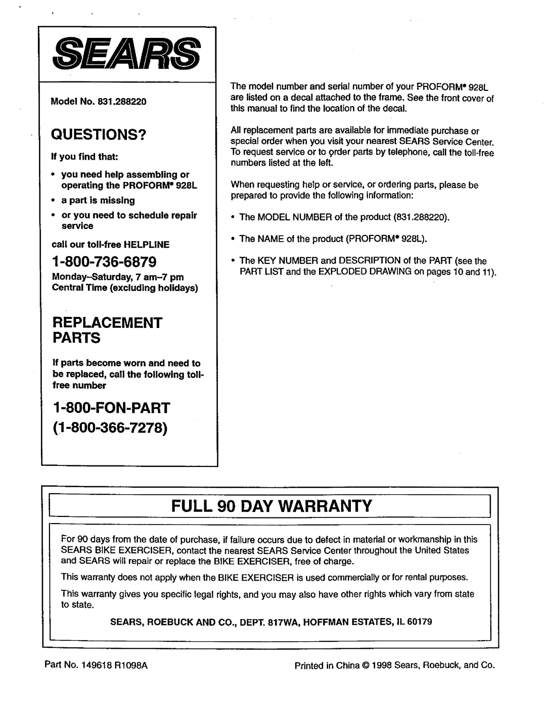 Sears 831.28822 user manual Full 90 DAY Warranty, Model No, Name of the product Proform, Part No R1098A 