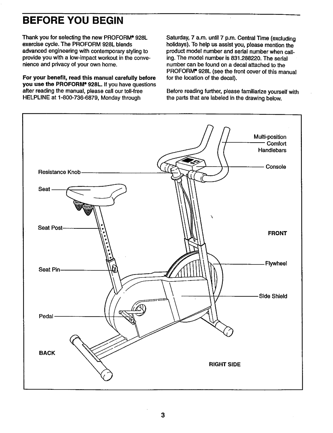 Sears 831.28822 user manual Before YOU Begin, Console Resistance Knob SeA Post, Front, Flywheel Seat Pin Side Shield Pedal 