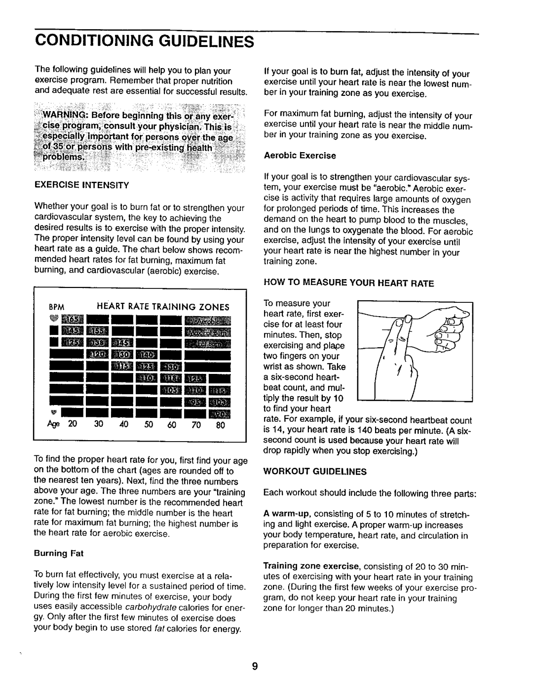 Sears 831.28822 user manual Exercise Intensity, BPM Heart Rate Training Zones, Burning Fat, Aerobic Exercise 