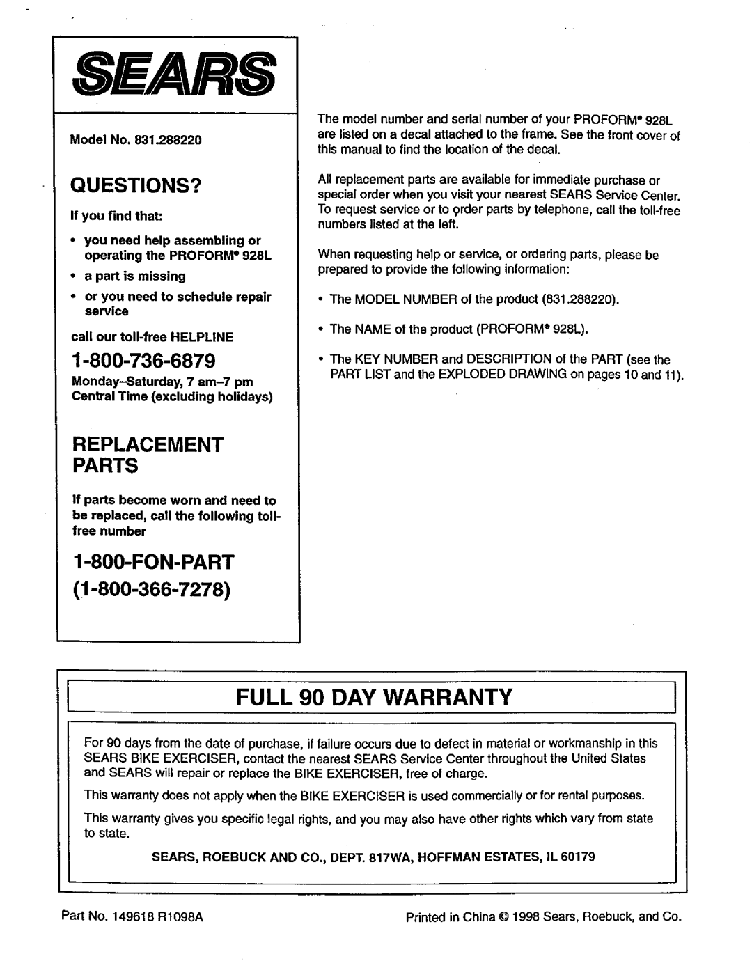 Sears 831.28822 user manual FULL 90 DAY WARRANTY, Questions?, Fon-Part, S£Aurs, Replacement Parts 