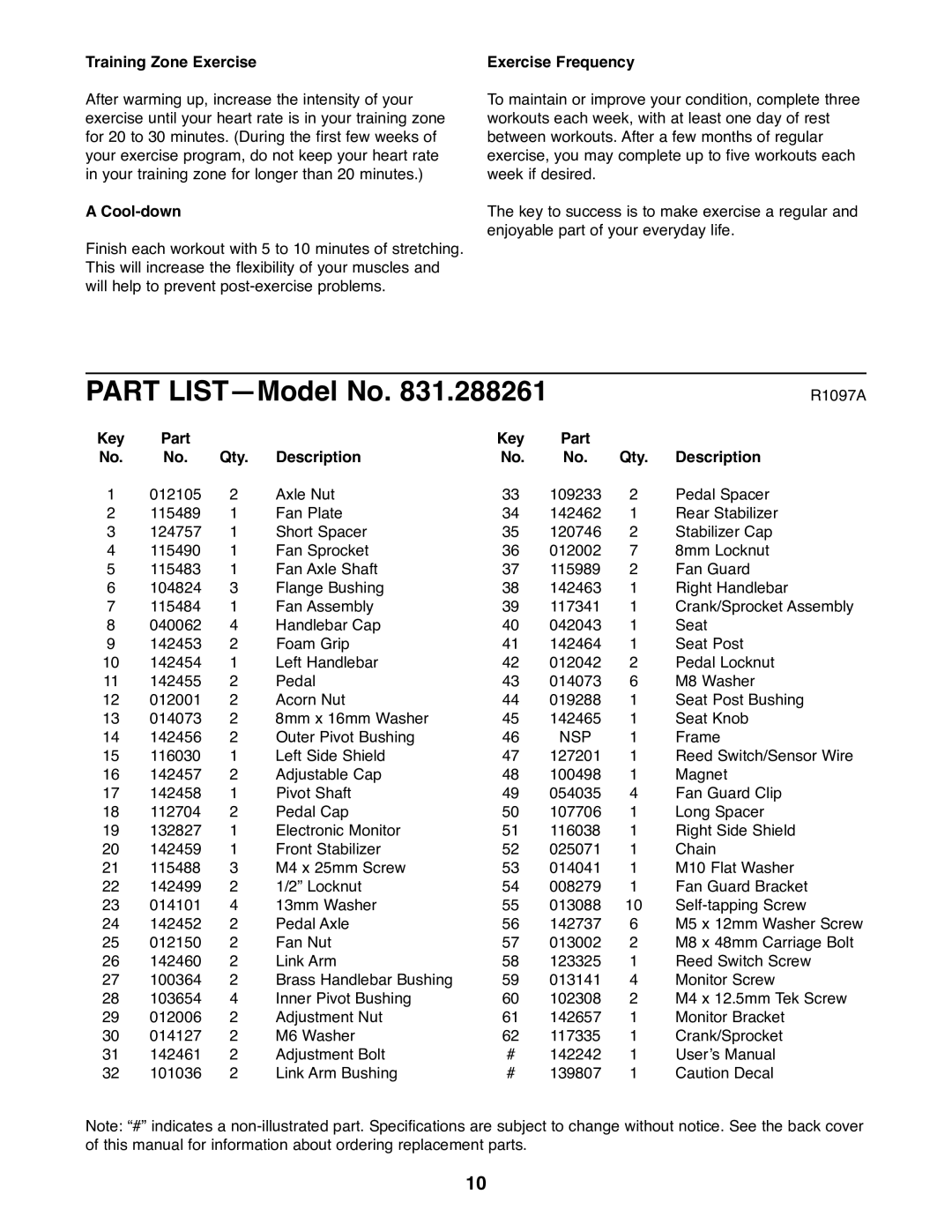 Sears 831.288261 user manual Part LISTÑModel No 