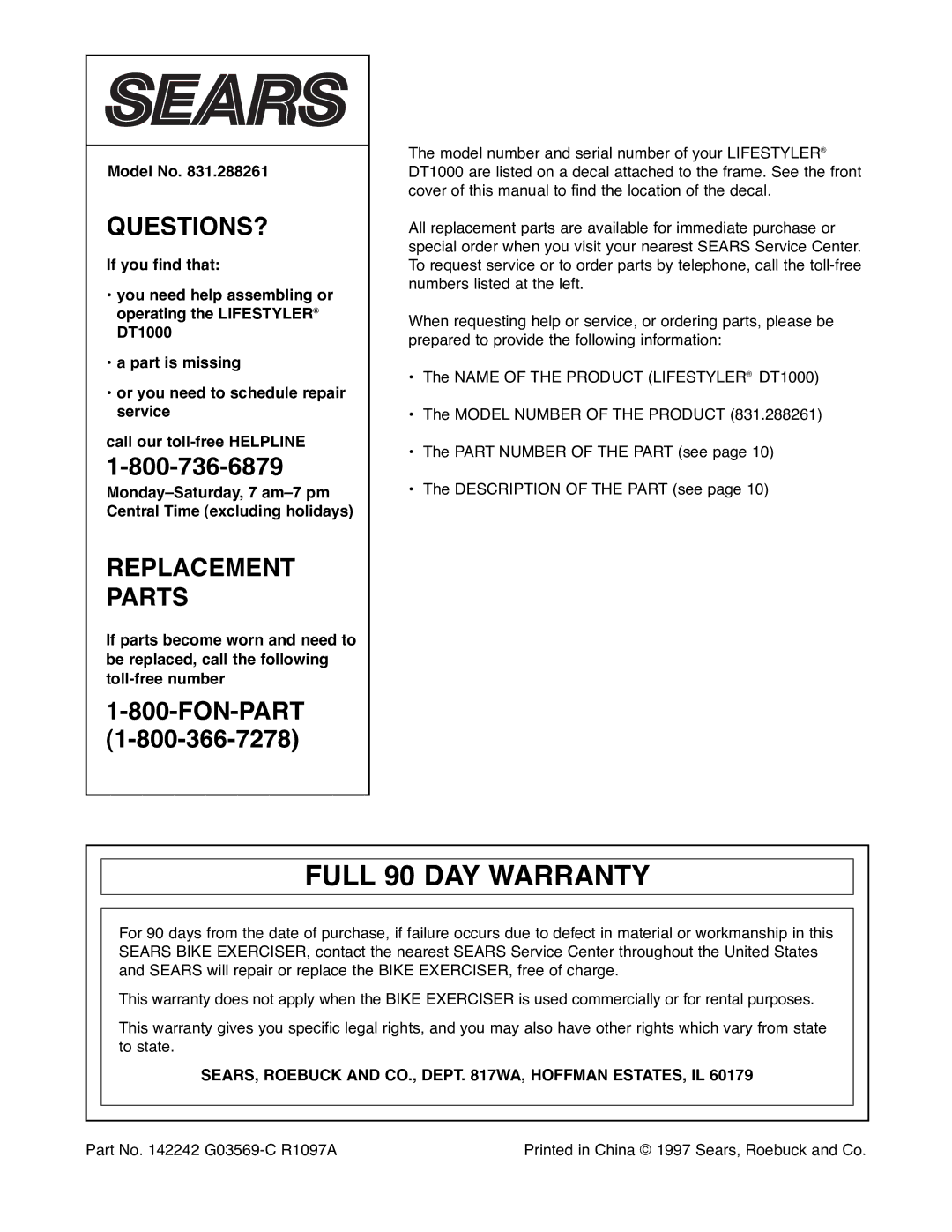 Sears 831.288261 user manual Full 90 DAY Warranty, SEARS, Roebuck and CO., Dept WA, Hoffman ESTATES, IL 