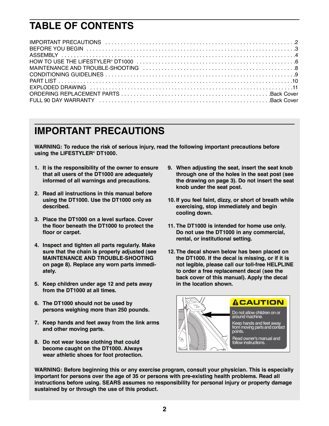 Sears 831.288261 user manual Table of Contents, Important Precautions 