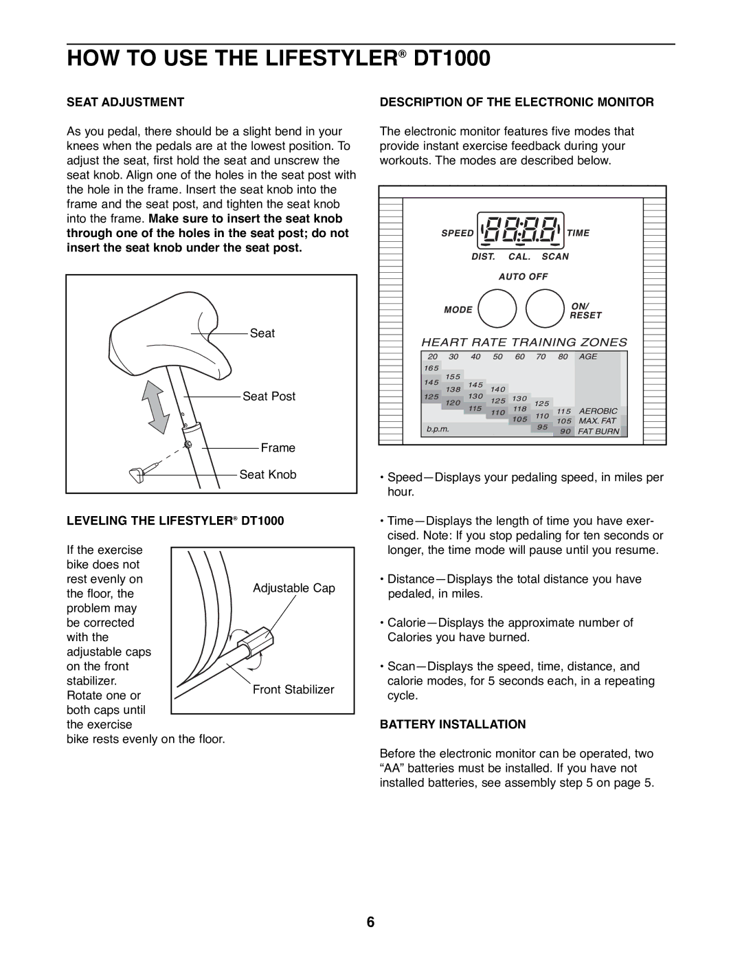 Sears 831.288261 user manual HOW to USE the LIFESTYLER¨ DT1000, Seat Adjustment, Description of the Electronic Monitor 