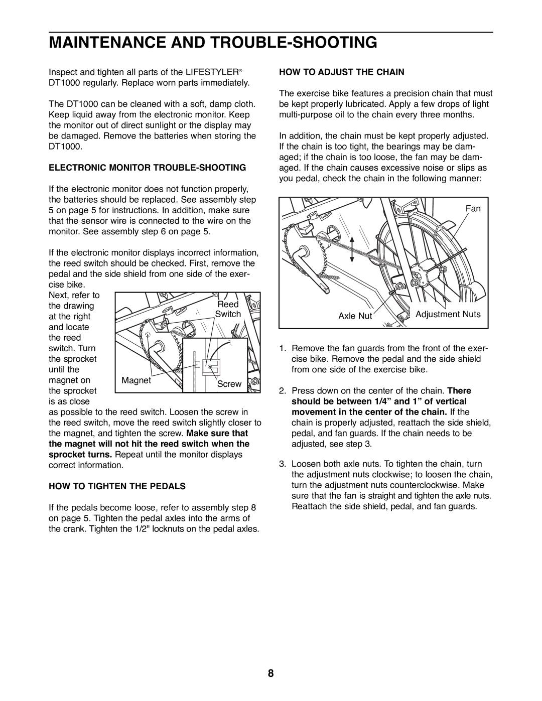 Sears 831.288261 Maintenance and TROUBLE-SHOOTING, Electronic Monitor TROUBLE-SHOOTING, HOW to Tighten the Pedals 