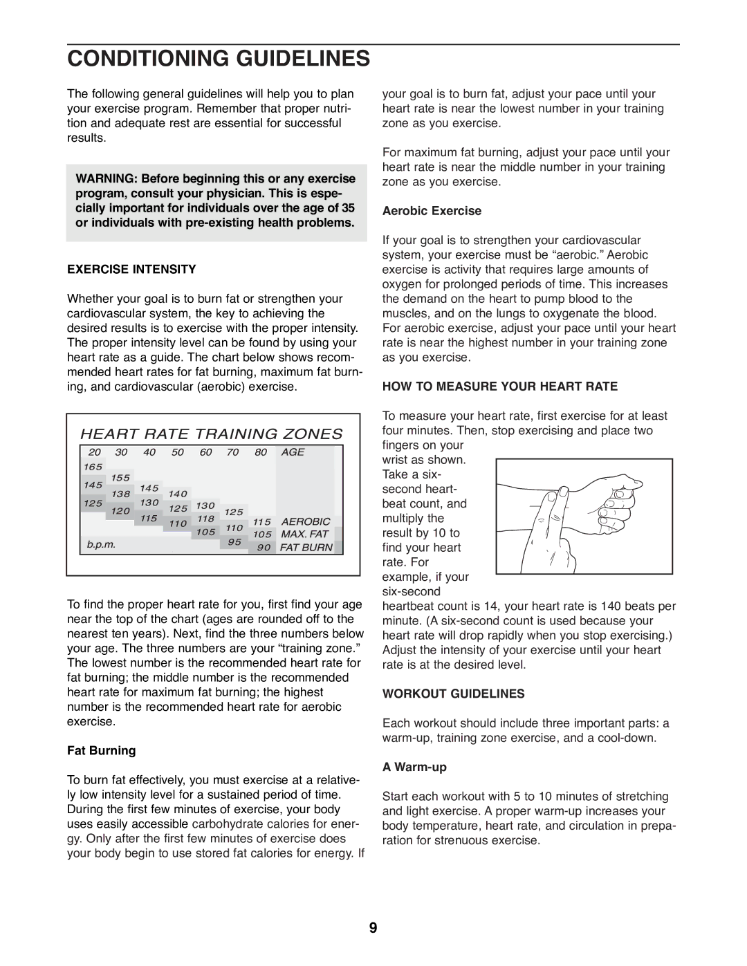 Sears 831.288261 Conditioning Guidelines, Exercise Intensity, HOW to Measure Your Heart Rate, Workout Guidelines 