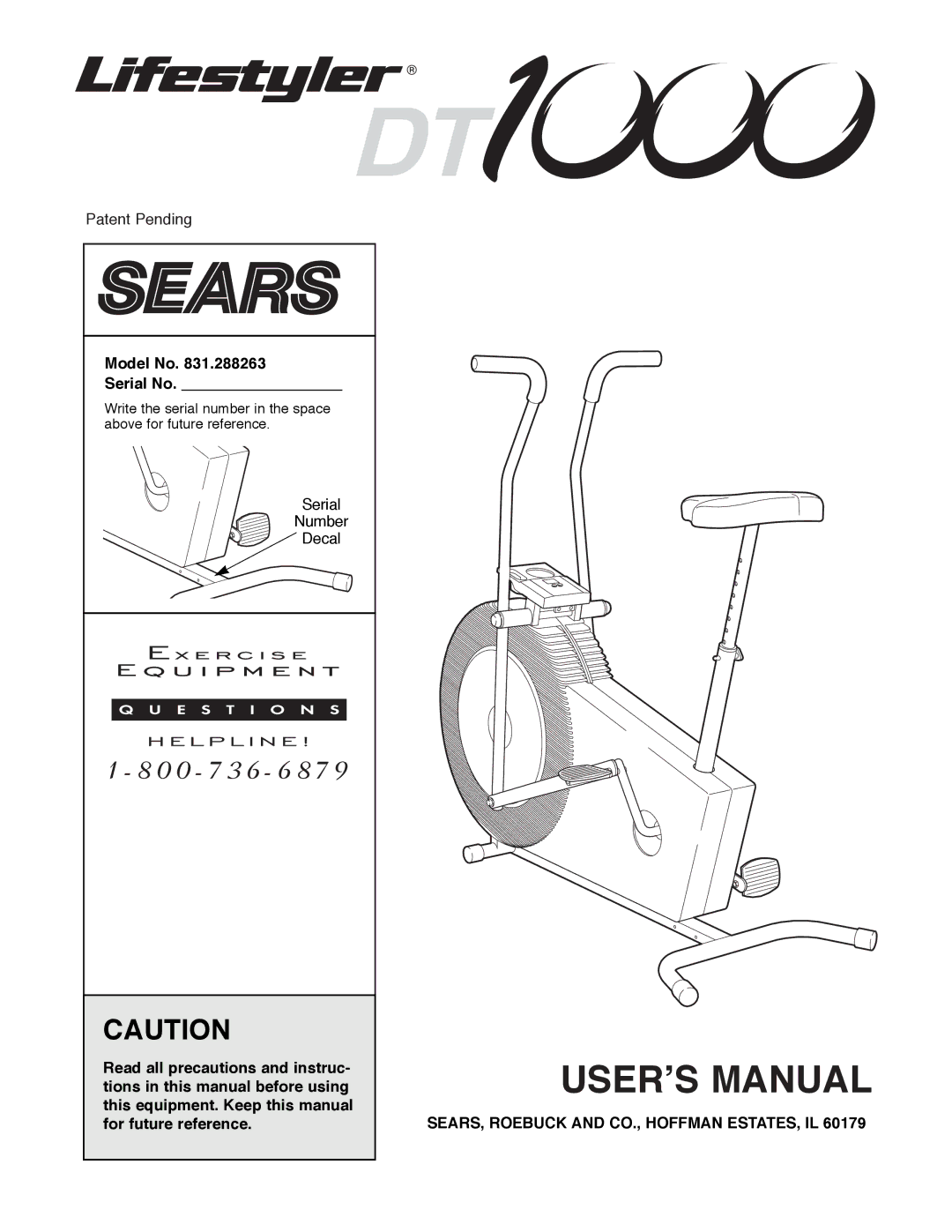 Sears 831.288263 manual Model No Serial No, SEARS, Roebuck and CO., Hoffman ESTATES, IL 