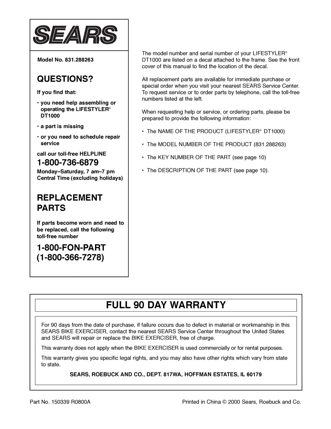 Sears 831.288263 manual Full 90 DAY Warranty, Model No, SEARS, Roebuck and CO., Dept WA, Hoffman ESTATES, IL 