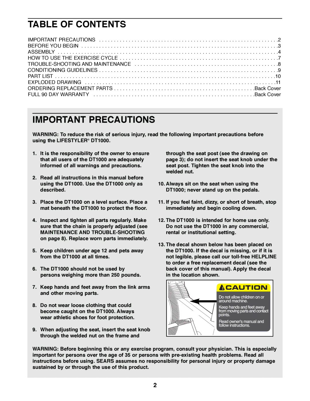 Sears 831.288263 manual Table of Contents, Important Precautions 