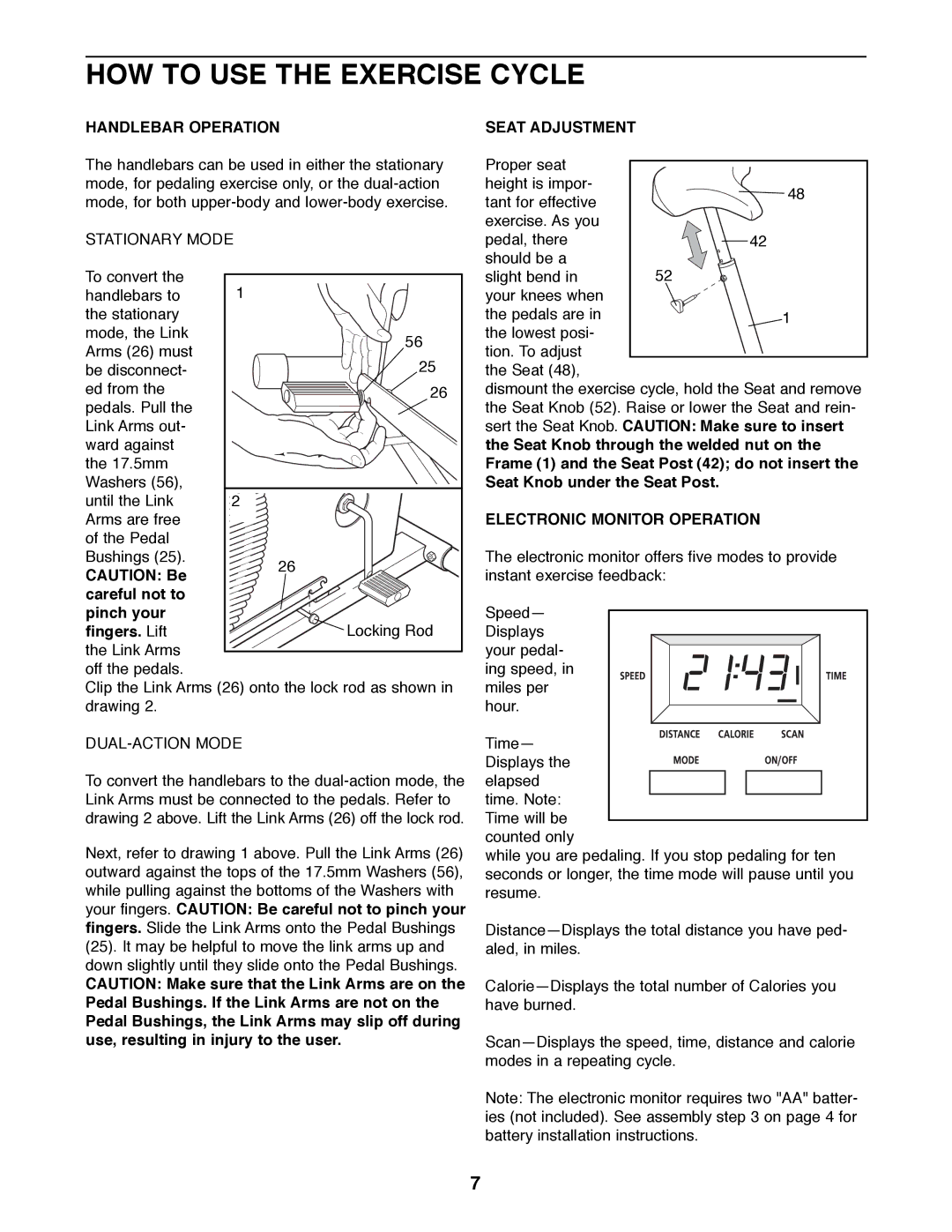 Sears 831.288263 manual HOW to USE the Exercise Cycle, Handlebar Operation, Seat Adjustment, Electronic Monitor Operation 