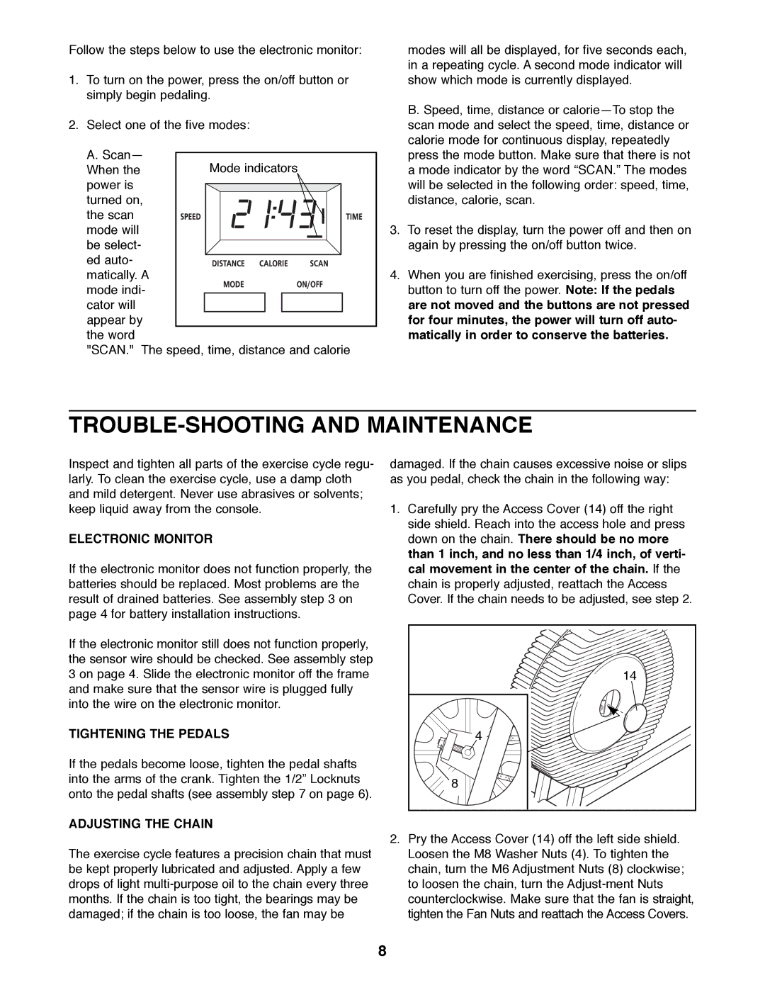 Sears 831.288263 manual TROUBLE-SHOOTING and Maintenance, Electronic Monitor, Tightening the Pedals, Adjusting the Chain 