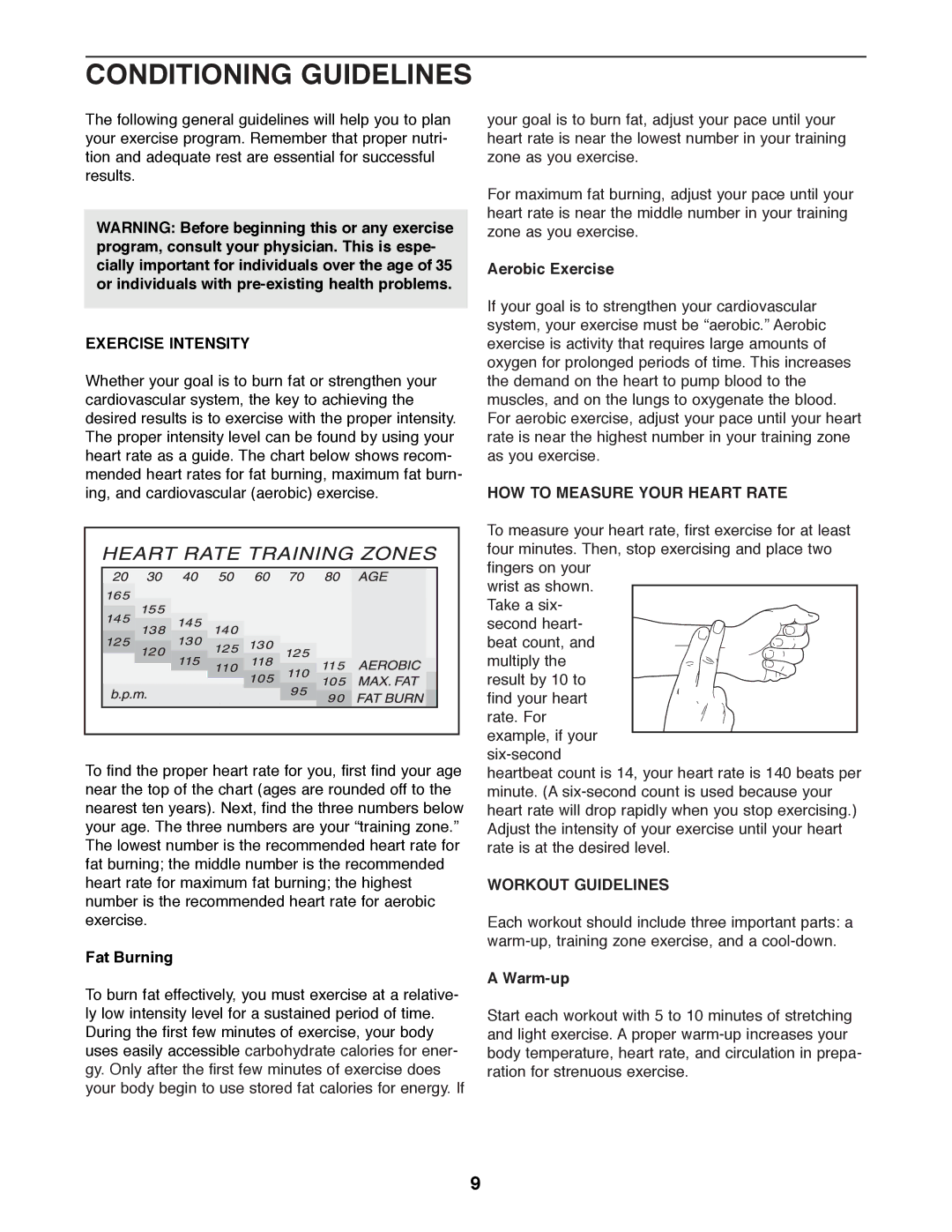 Sears 831.288263 manual Conditioning Guidelines, Exercise Intensity, HOW to Measure Your Heart Rate, Workout Guidelines 