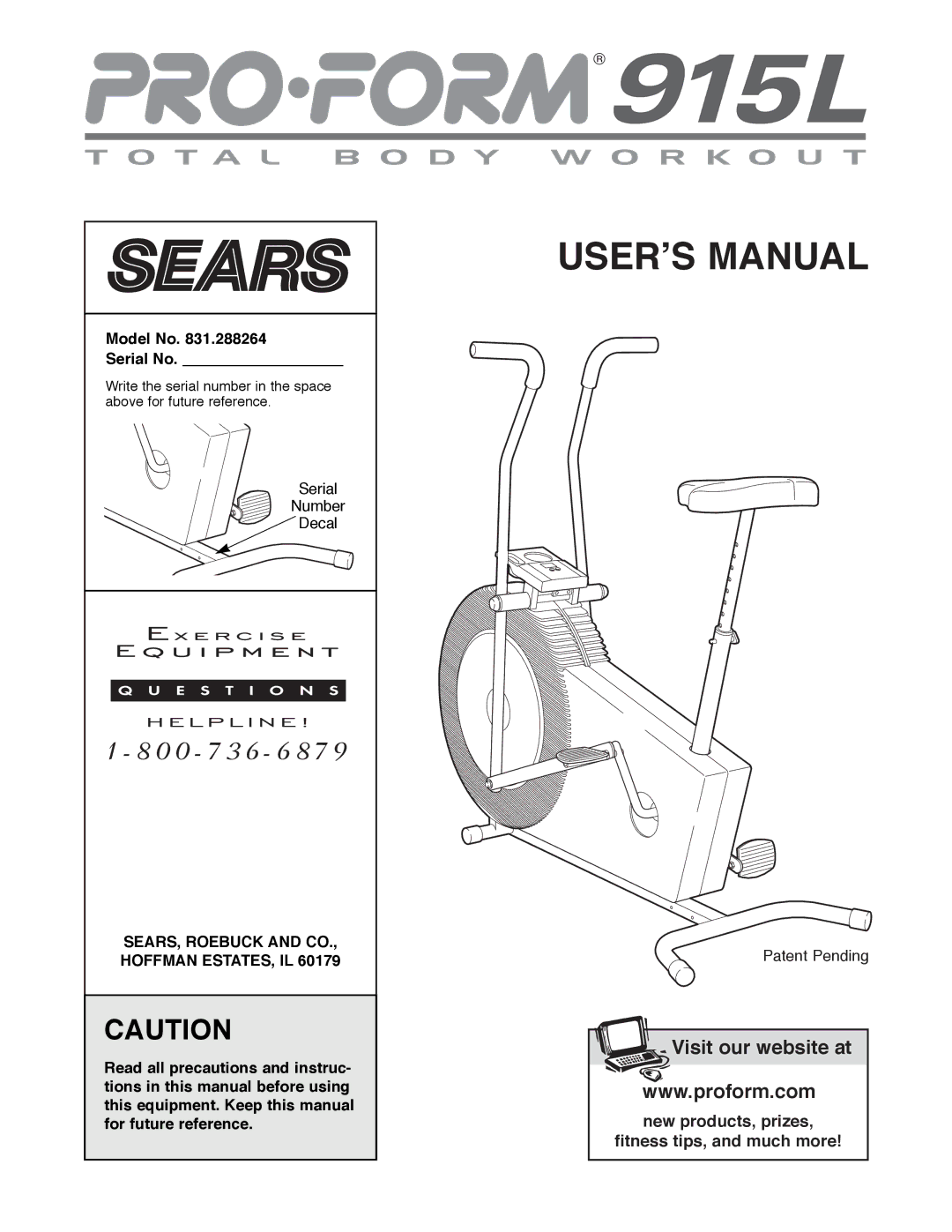 Sears 831.288264 manual Model No Serial No, SEARS, Roebuck and CO., Hoffman ESTATES, IL 