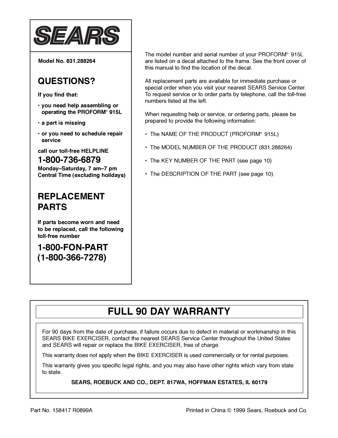 Sears 831.288264 manual Full 90 DAY Warranty, Model No, SEARS, Roebuck and CO., Dept WA, Hoffman ESTATES, IL 