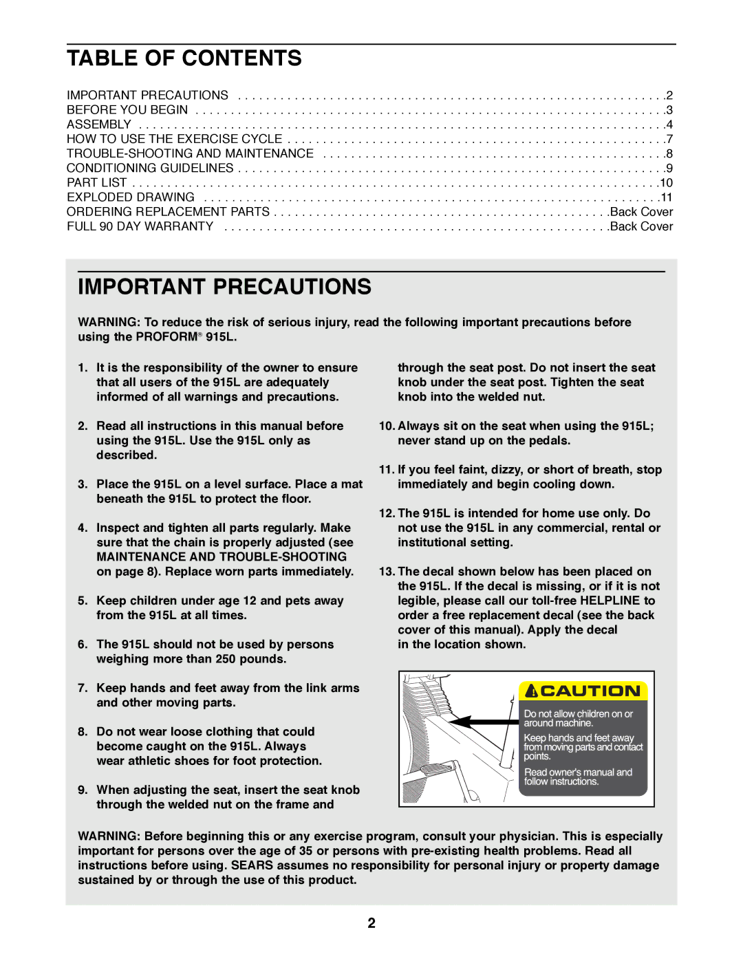 Sears 831.288264 manual Table of Contents, Important Precautions 