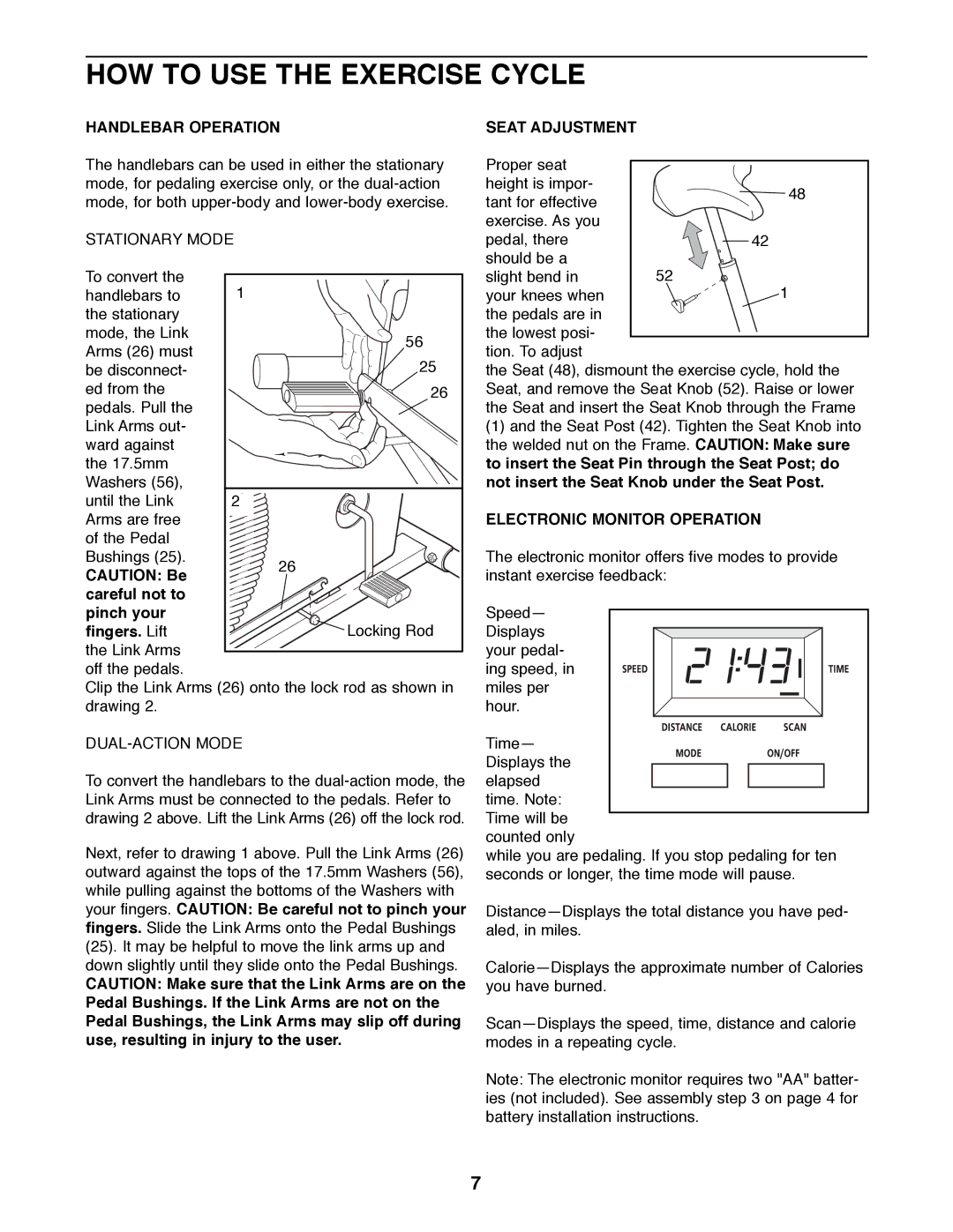 Sears 831.288264 manual HOW to USE the Exercise Cycle, Handlebar Operation, Seat Adjustment, Electronic Monitor Operation 