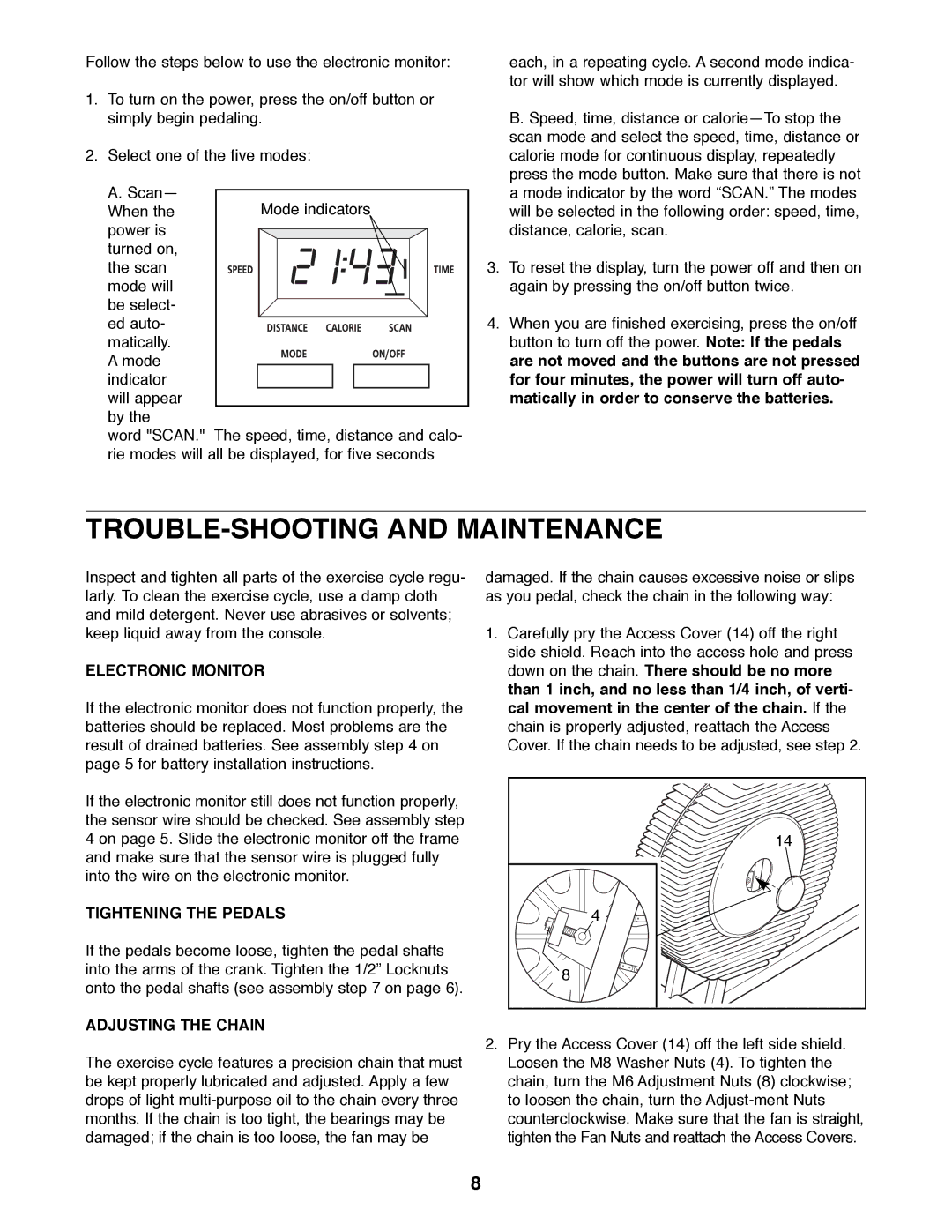 Sears 831.288264 manual TROUBLE-SHOOTING and Maintenance, Electronic Monitor, Tightening the Pedals, Adjusting the Chain 